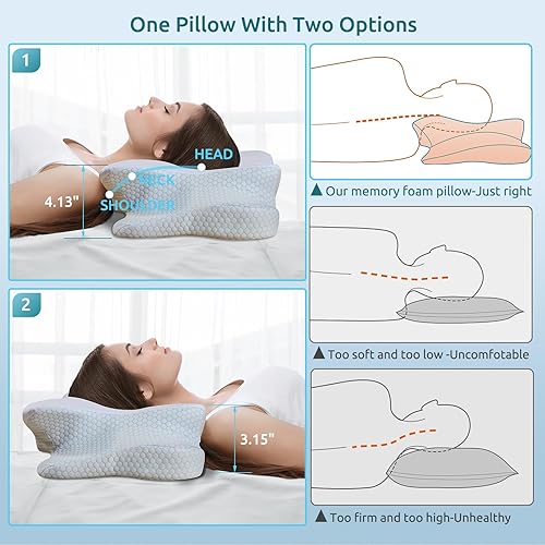 Vista 4 de DONAMA - Almohada cervical para cuello y hombros, diseño de espuma viscoelástica contorneado, soporte ergonómico para dormir de lado, espalda o boca