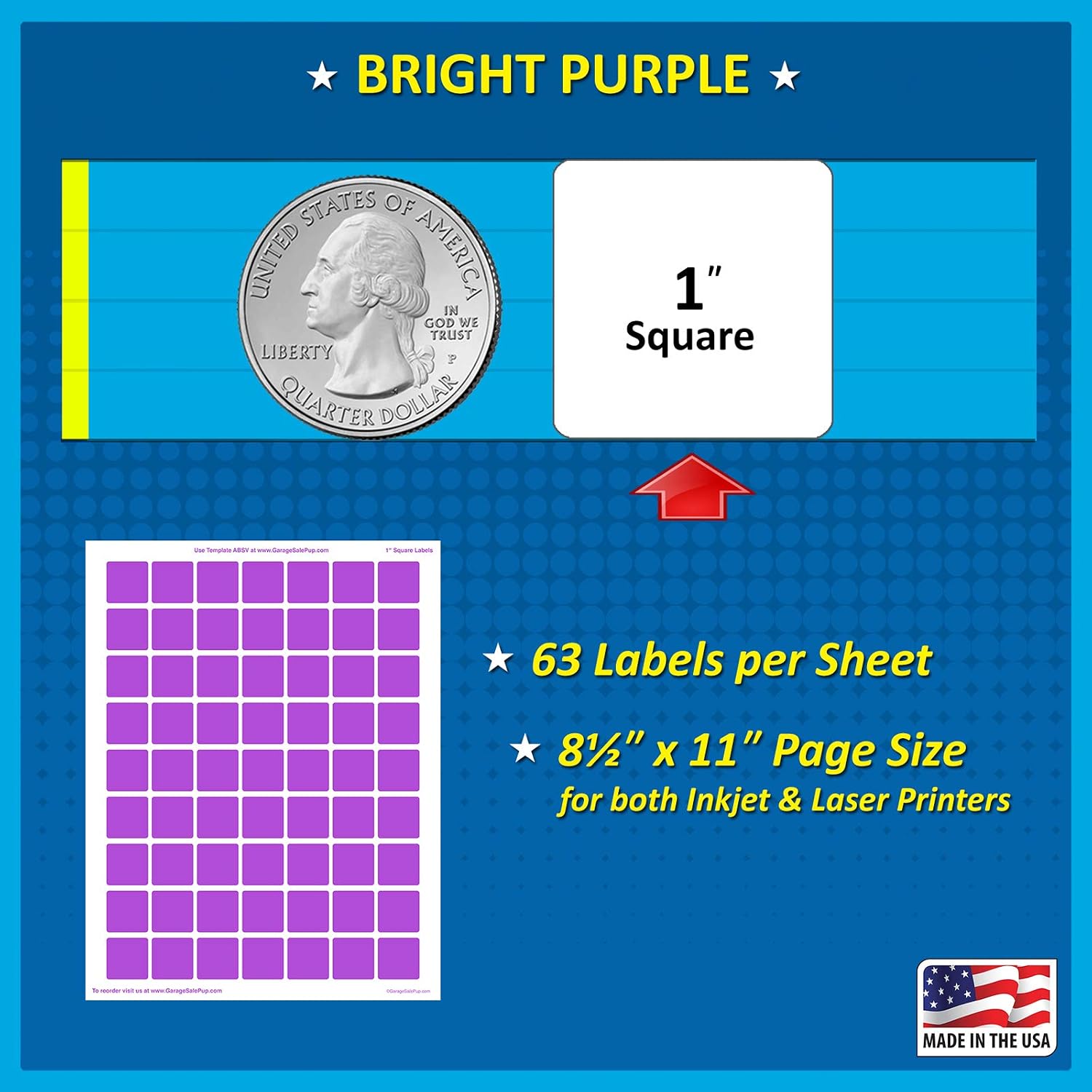 Pack of 1008 1-Inch Square Color Coding Dot Labels, Bright Purple, 8 1/2" x 11" Sheet, Fits All Laser/Inkjet Printers, 63 Labels per Sheet, 1"