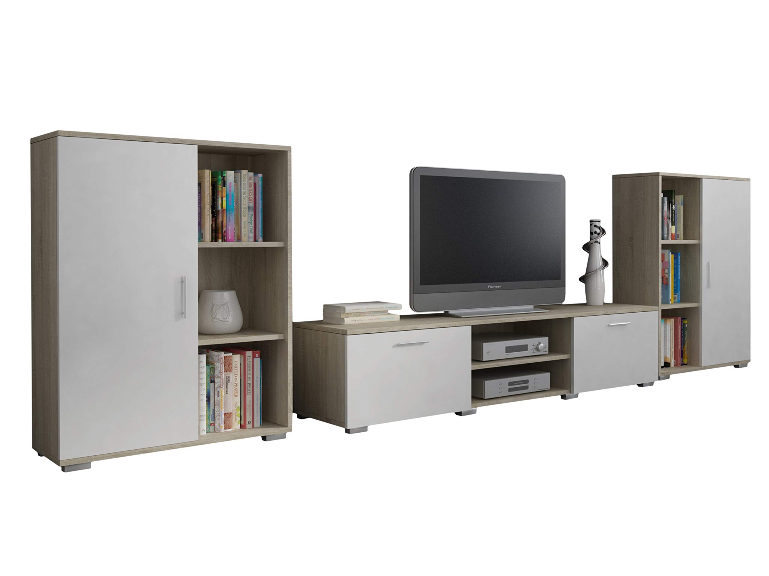 Per la vita Wohnwand Herkules, Schrankwand Wohnzimmer Modern, Wohnzimmerschrank mit Fernsehtisch, Sideboard und Wandregal Wohnzimmer Komplett Möbel - Sonoma/Weiß