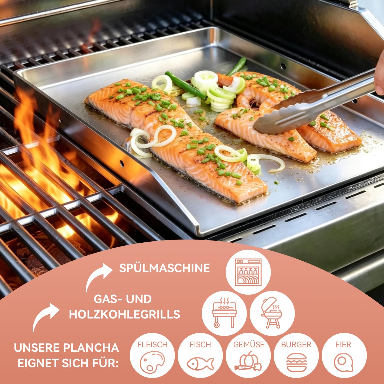 Piastra Plancha con 2 spatole per barbecue a gas e barbecue a carbonella, 40 x 30 x 4 cm, in acciaio inox, con manici rimovibili