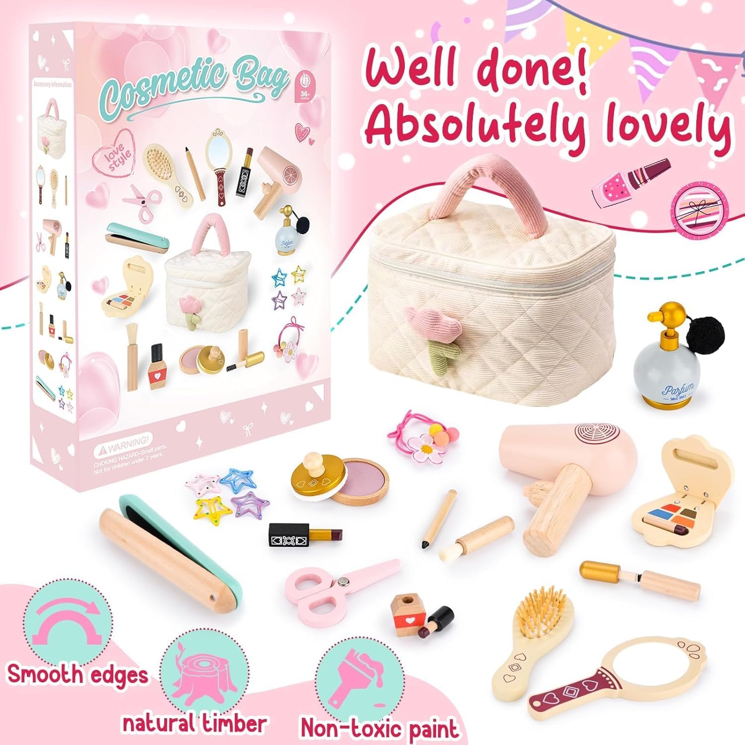 Set Trucchi Bambina in Legno Finti, Set di Trucchi e Parrucchiere in Legno con Rossetto Profumo Giocattoli per Bambini Ragazza 3 4 5 6 7 8 Anni