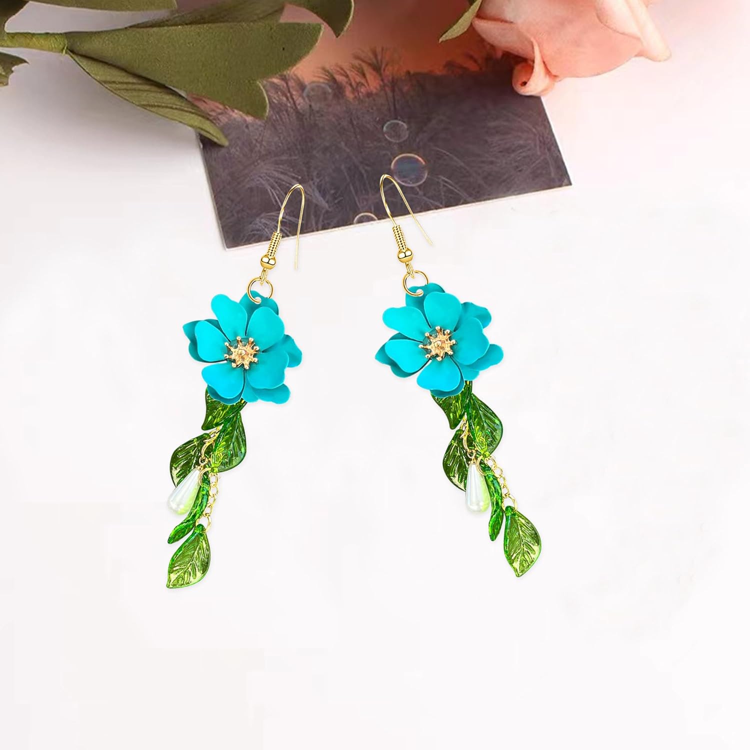 Summer Beach Flower Tassel Earrings for Women Boho Long Flower Dangle Floral Petals Drop Earring for Statement Vacation With Green Leaf - Image 6