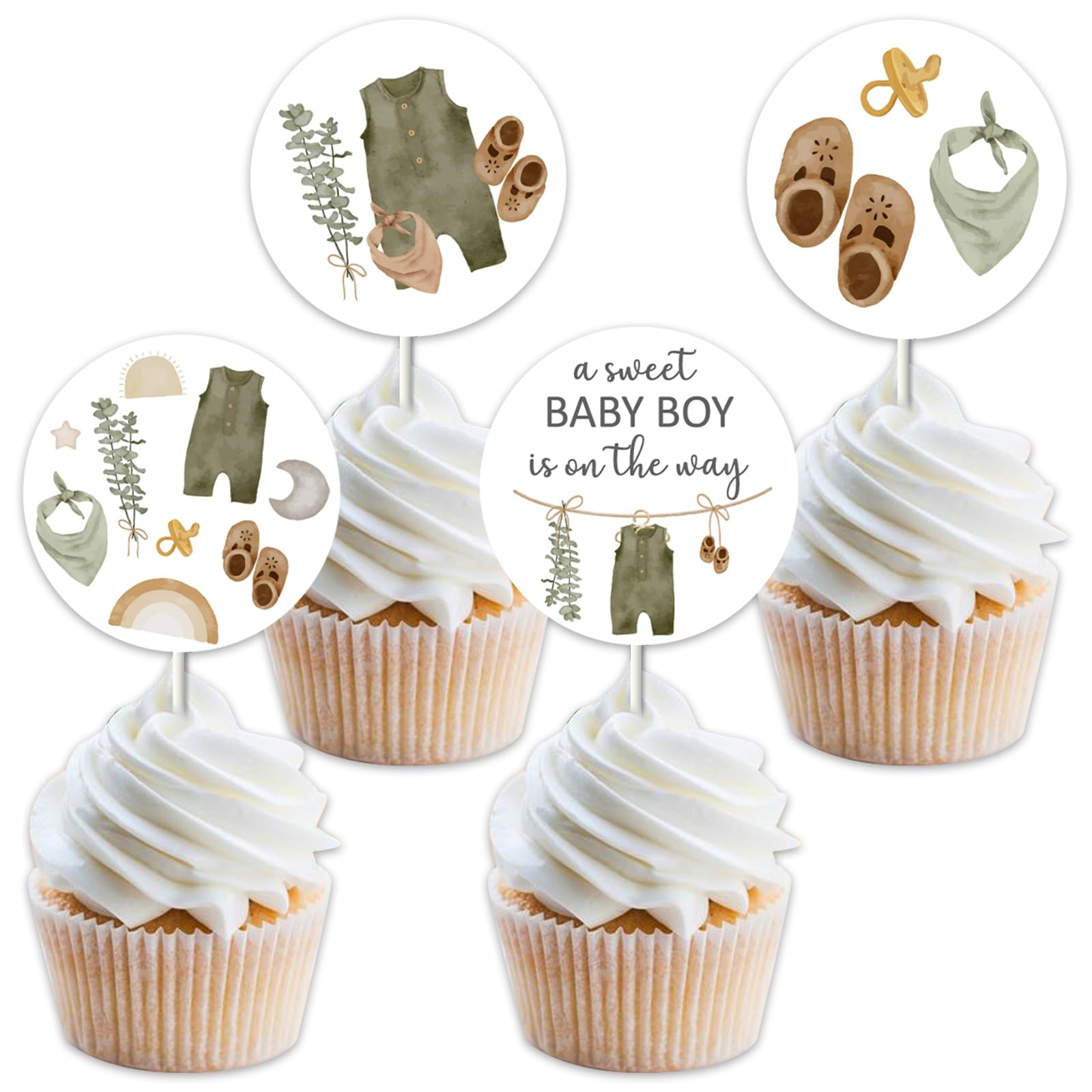 kreat4joy 36pcs Boho Baby Clothes Cupcake Toppers for Boy Cupcake Toppers Clothes Shower Decorations Sage Green, a Sweet Baby Boy Is On The Way
