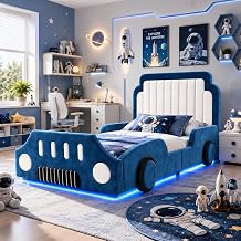 Racing Car Junior Bed Toddler Kids Bed, 3ft Single Functional Junior Upholstered Bed with LED Lighting and Safety Guard Rail, Velvet Children Kids Junior Bed Frame with Slats for Junior Bedrooms, Blue