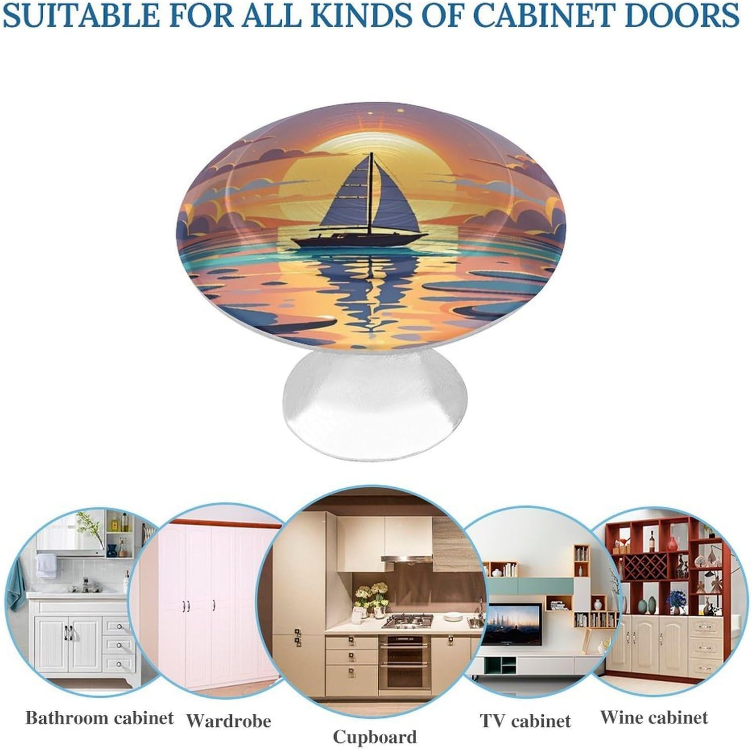 Cabinet Handles Round Drawer Pulls Sunset and Sailboat Dresser Knobs for Cabinets and Drawers Handle Kitchen Cabinet Pulls for Bathroom Cupboard Drawers Cabinet Pulls for Kitchen Door