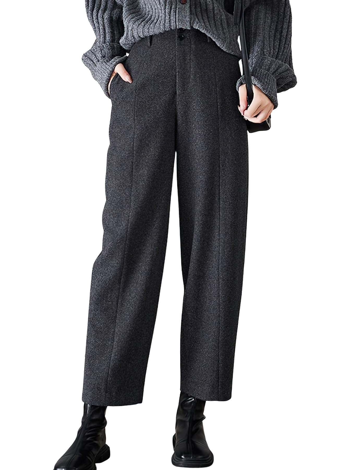 chouyatou Womens Fall Winter Wool Pants Elastic Waist Dressy Work Business Casual Slacks Cropped Trouser