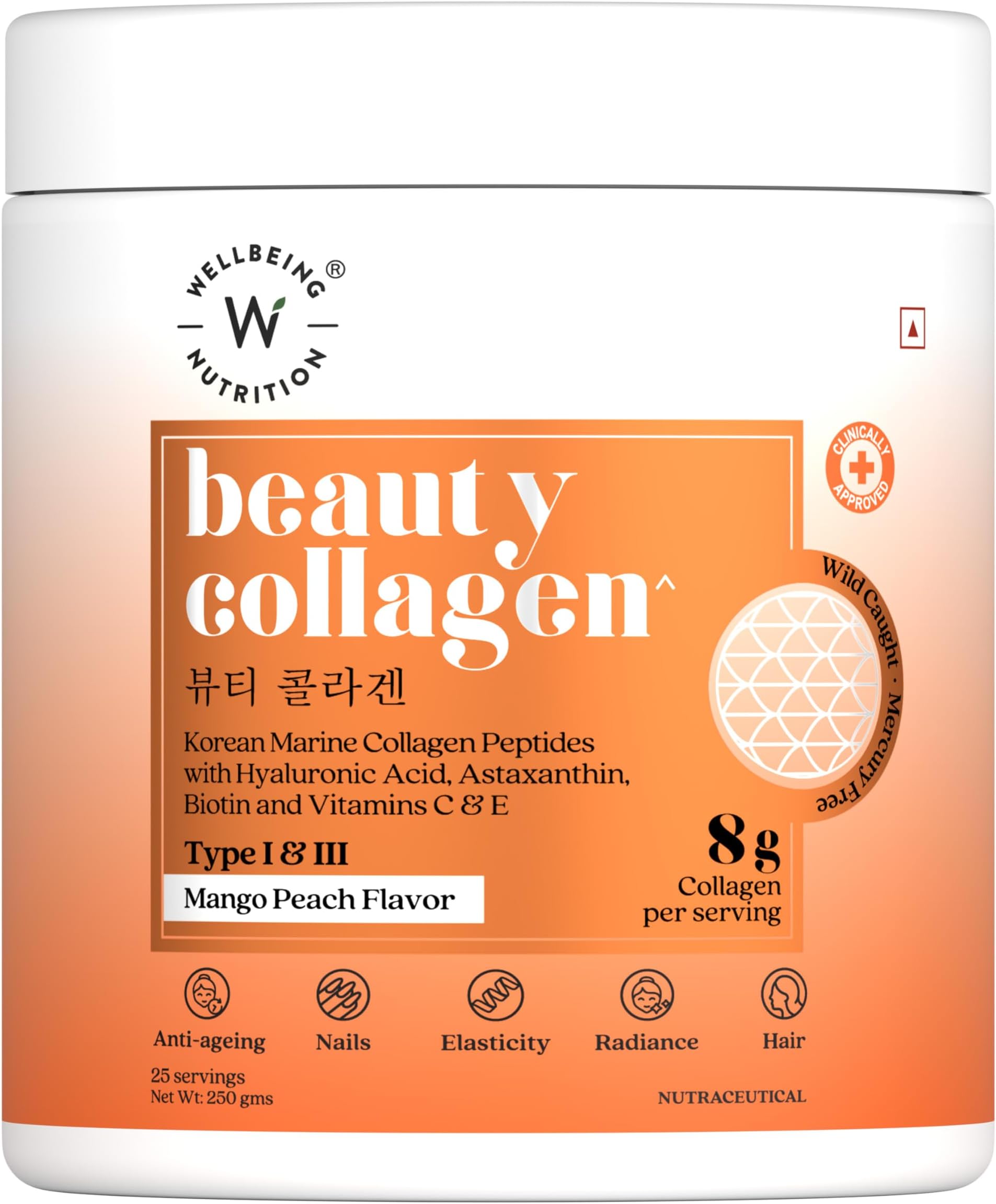 – WELLBEING NUTRITION Beauty Korean Marine Collagen Peptides with Hyaluronic Acid, Rosehip, Astaxanthin, Biotin & Vitamins C & E for Hair, Nails, Skin Radiance & Anti-Aging | Mango Peach Flavor - 250g