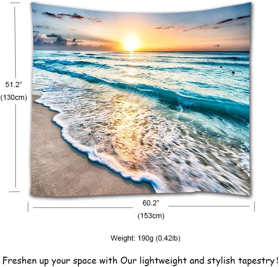 IcosaMro Beach Tapestry Wall Hanging, Ocean Sunset Sea Beach Wave Landscape Scenery Nature Wall Decorations Bohemian Home Decor for Bedroom, Dorm, College, Living Room, 51x60, Blue