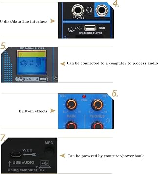 HMTE Studio Mixing Desks, Portable 8-Channel Console Digital Audio Mixer +48V Power Supports BT/USB/MP3 Connection for Music Recording DJ Network Live Broadcast