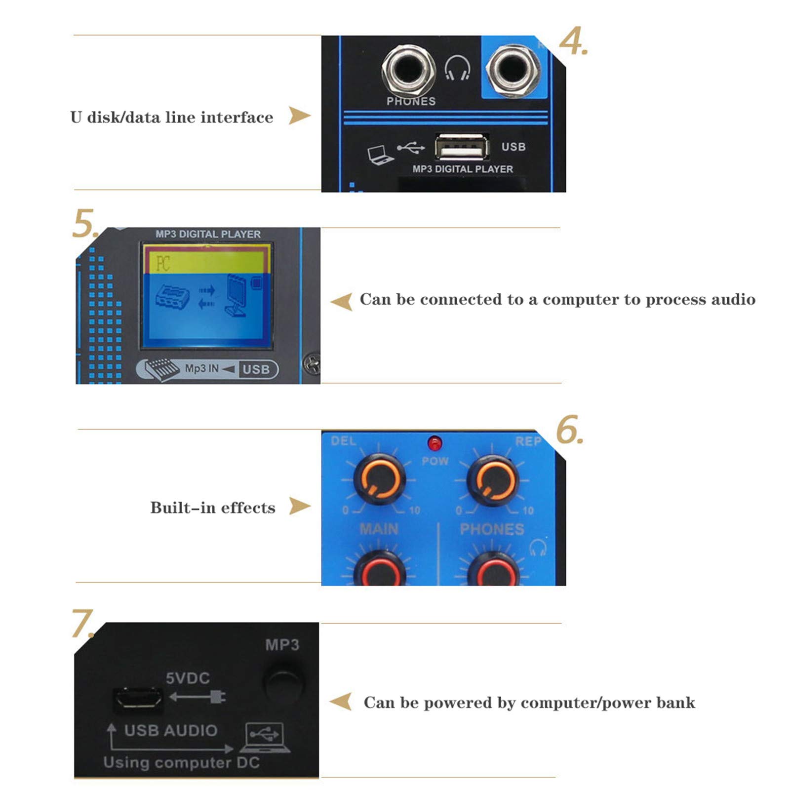 Miksery na żywo 6-kanałowy mikser audio dj z MP3 USB Bluetooth, 16 efektów DSP Echo Mikser do transmisji na żywo, muzyki, karaoke, podcastów