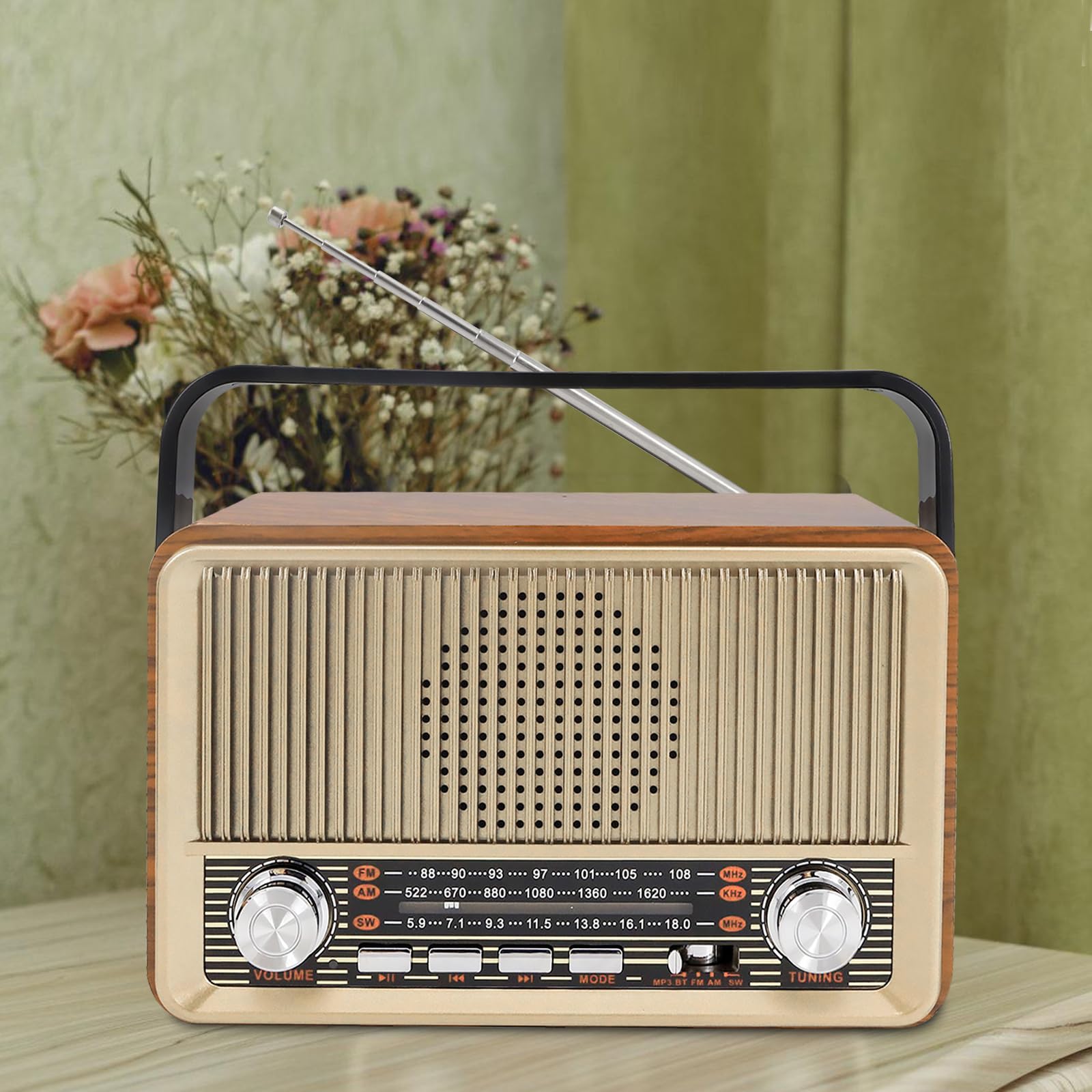 Radio rétro avec Bluetooth, petite radio de valise nostalgie avec AM/FM/SW3, USB/TF/AUX, rechargeable, radio de cuisine, radio vintage pour cuisine, bureau, extérieur