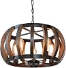 Anmytek Pumpkin Round Pendant Light Vintage Rustic Wood Frame Lamp Adjustable Chain Chandelier E26 Base Bulb Hanging Lighting Kitchen Island Dining Room Ceiling Light Fixture 5-LightC0070