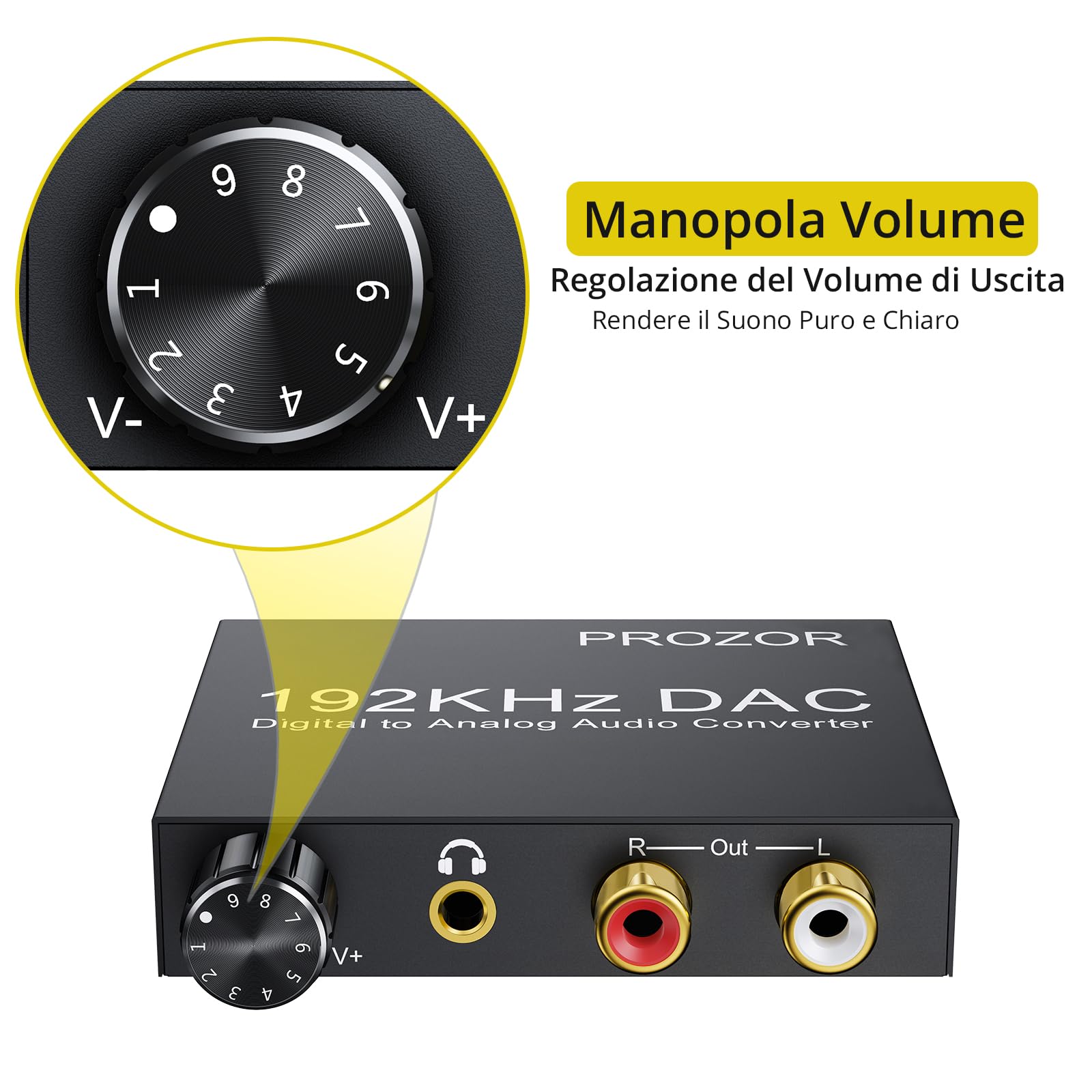 PROZOR DAC Convertitore 192Khz Volume Regolabile Convertitore Coassiale Toslink ad Analogico Stereo L/R con 3.5mm Jack Adattatore Audio Digitale con Cavo Ottico USB per PS3 TVBox Home Cinema