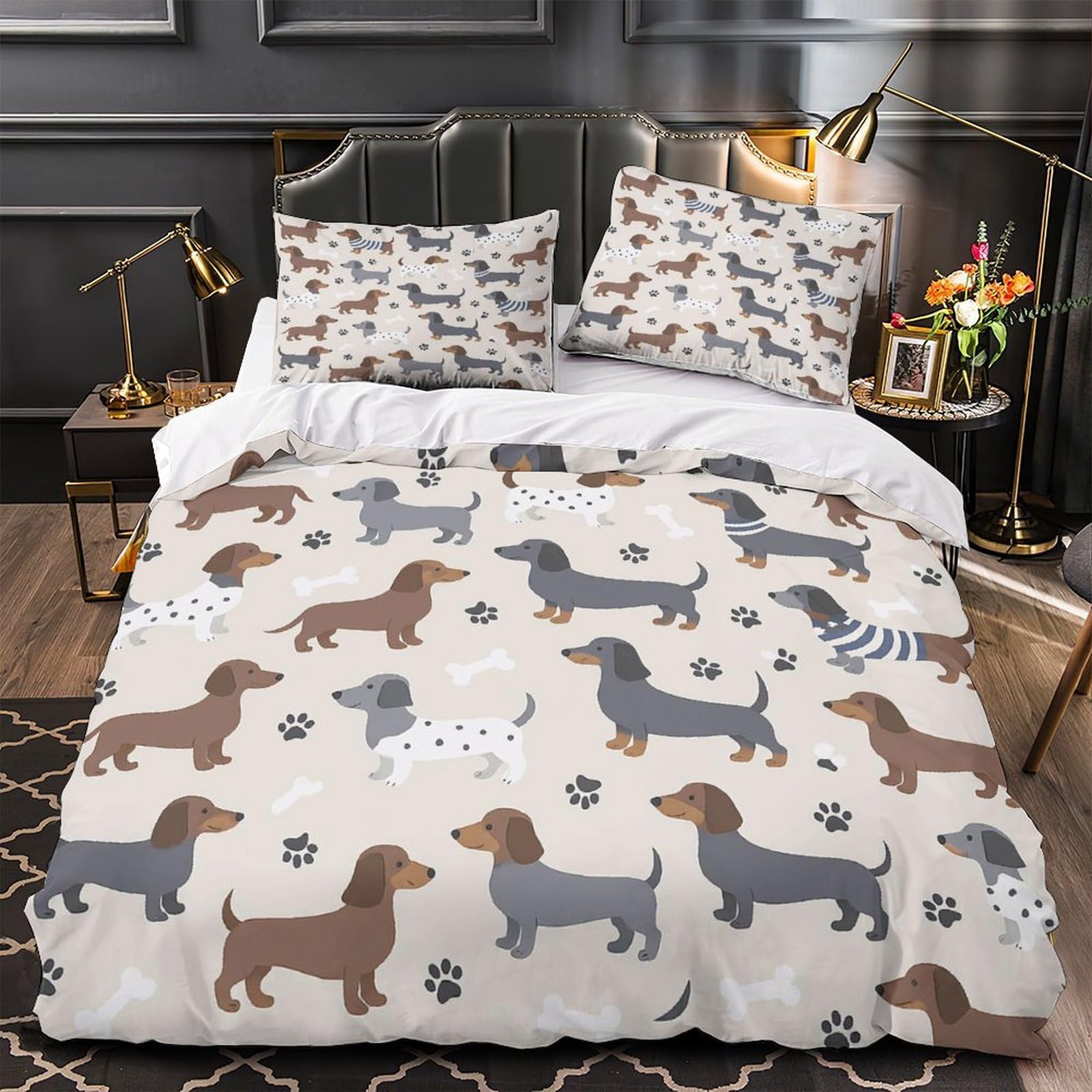 Housse de Couette Chiens Teckels Lit Double 200x200cm Respirante Hypoallergique Aquarelle