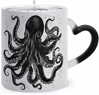 Classic Black Octopus Color Changing Mug Heart-Shaped Handle Mugs Fashionable Tea Cup Coffee Cup Popular Tumbler And Cups For Office Workers Mug & Unique Gift Giving Teacup
