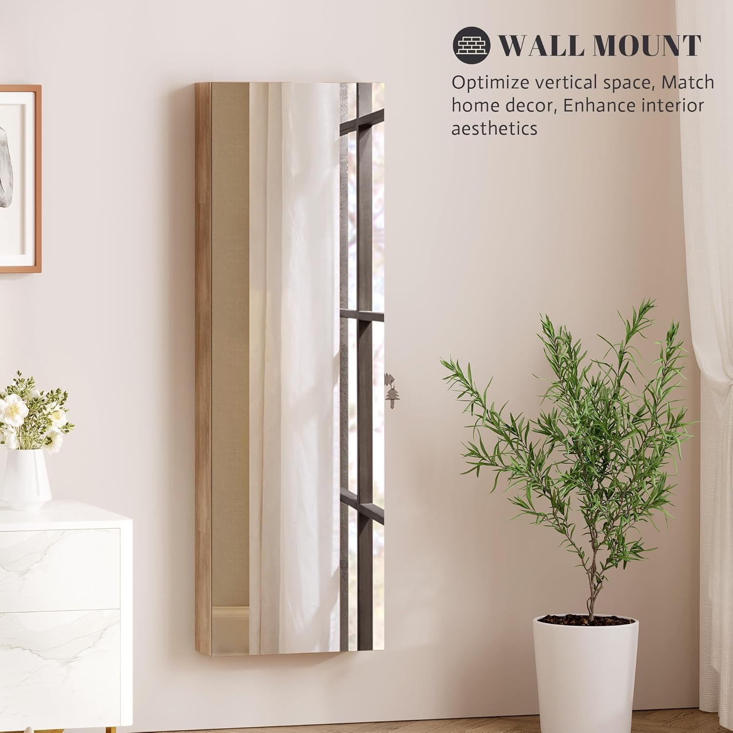 Vlsrka 47.2 Inch Full Length Mirror with Storage, Wall Mount Mirror Jewelry Cabinet, Over The Door Hanging Jewelry Armoire Organizer, Built-in Light, 4 Drawers, 5 Shelves, Christmas Gift (Wood)