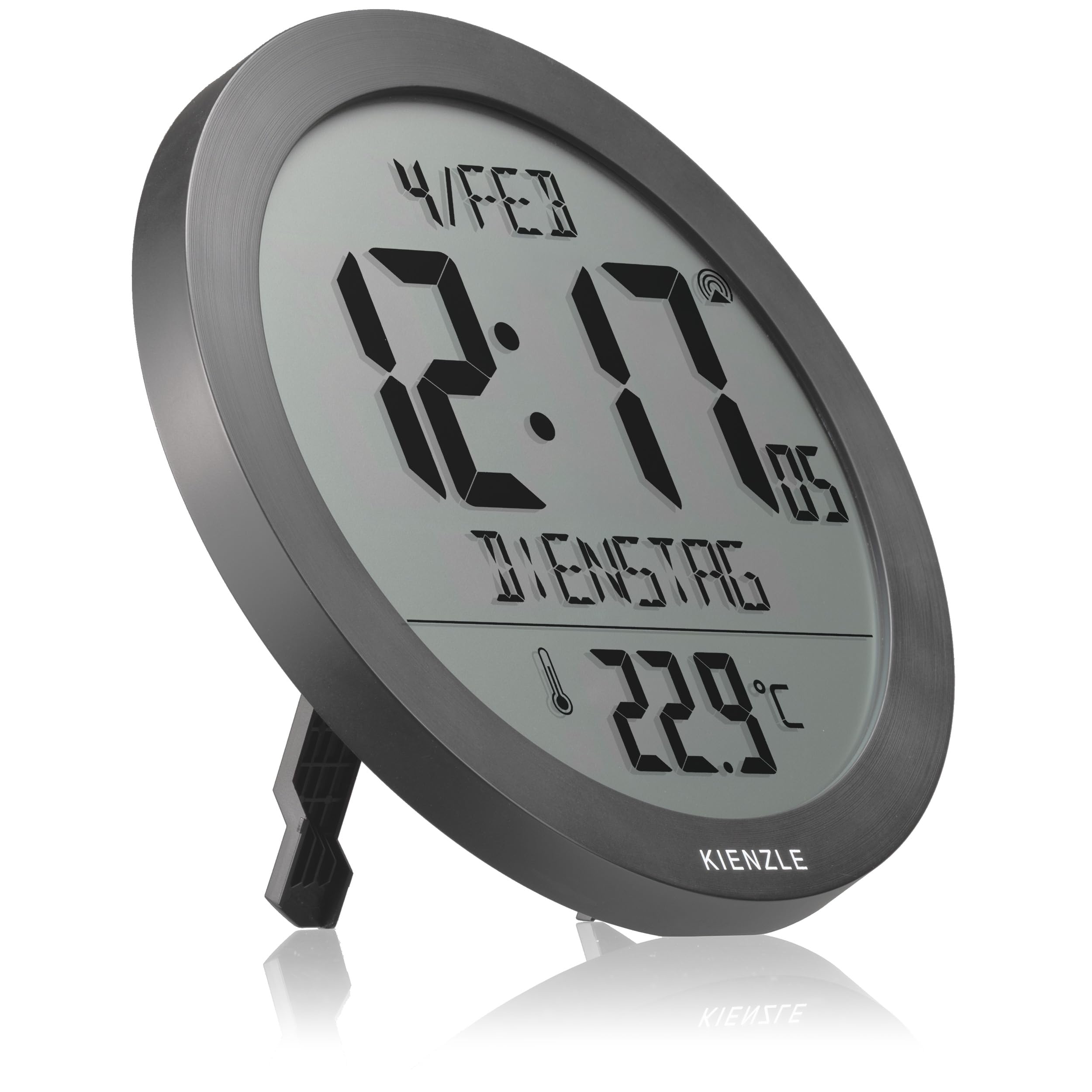 Kienzle Funkwanduhr Tischuhr mit Temperaturanzeige 18,7 cm Display DCF-Zeit Datum 2 Weckzeiten Schlummer anthrazit