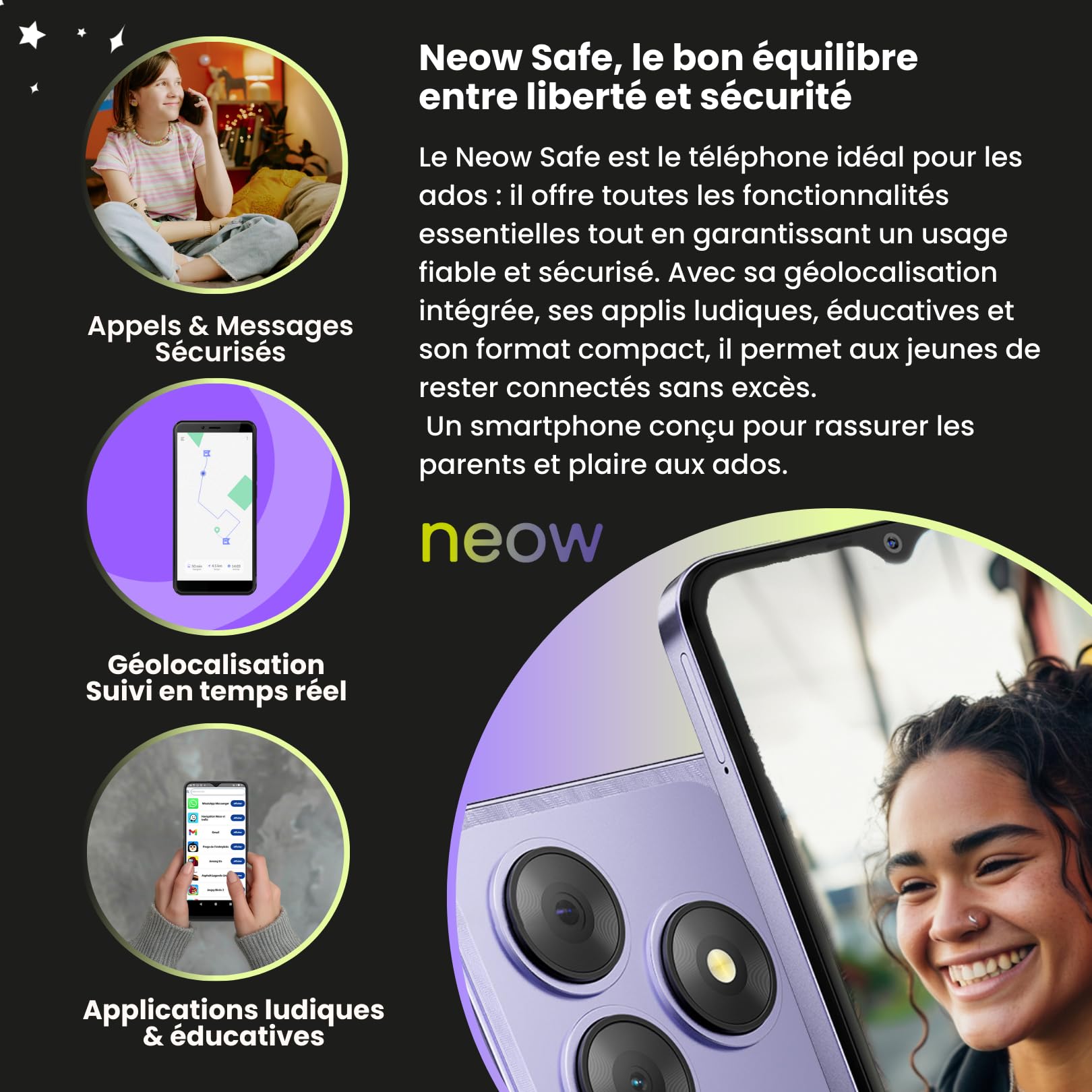 Neow Safe (Smartphone pour Adolescent - 6.6'' - 64 Go, 3 Go RAM) Noir