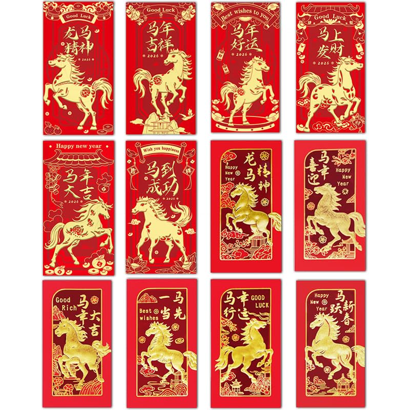 Chinese Red Envelopes Lucky Money Envelopes 2026 Chinese New Year Horse Year Envelope (12 Patterns 36 Pcs) Gold Foil