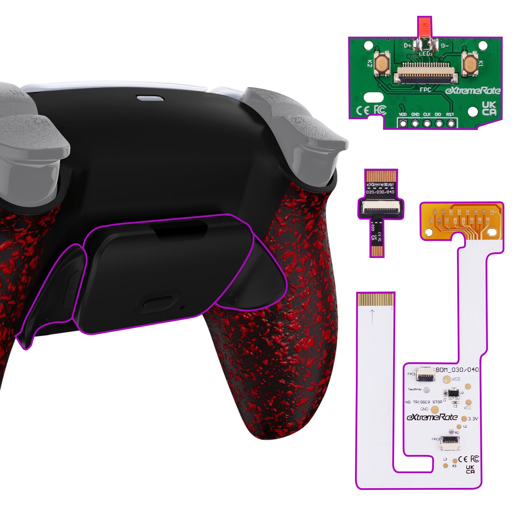 eXtremeRate Rise V3 Remap Kit per ps5 Controller BDM-030/040/050, Palette Back Button Tasti Aggiuntivi Paddles Cover Posteriore per ps5 Joystick, Senza Controller, Rosso Antiscivolo