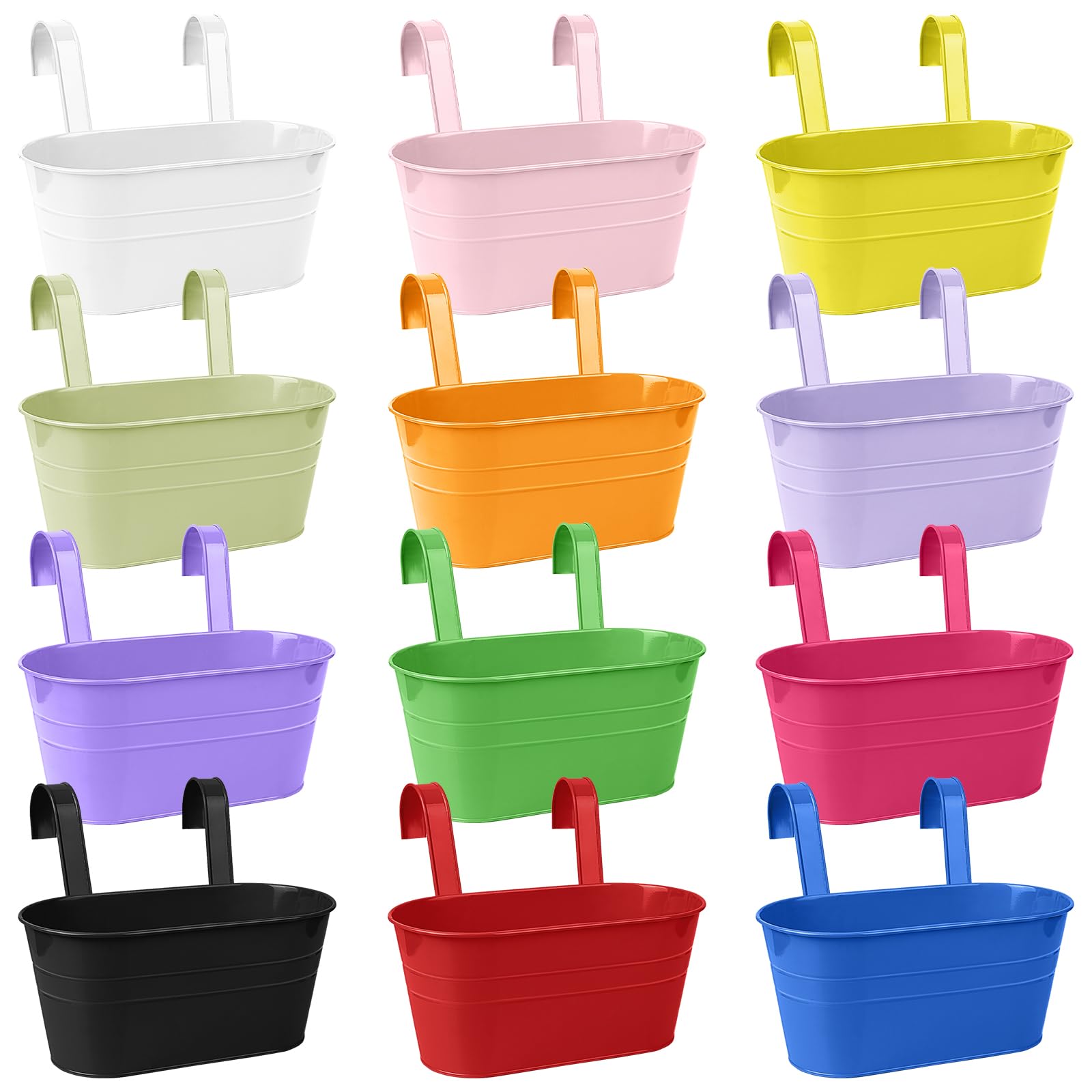 Beautywen 12 Pack Metal Hanging Flower Pots Double-hook Hanging Buckets Flower Pots Planters Metal Iron Pots Fence Planters for Fence Balcony Garden