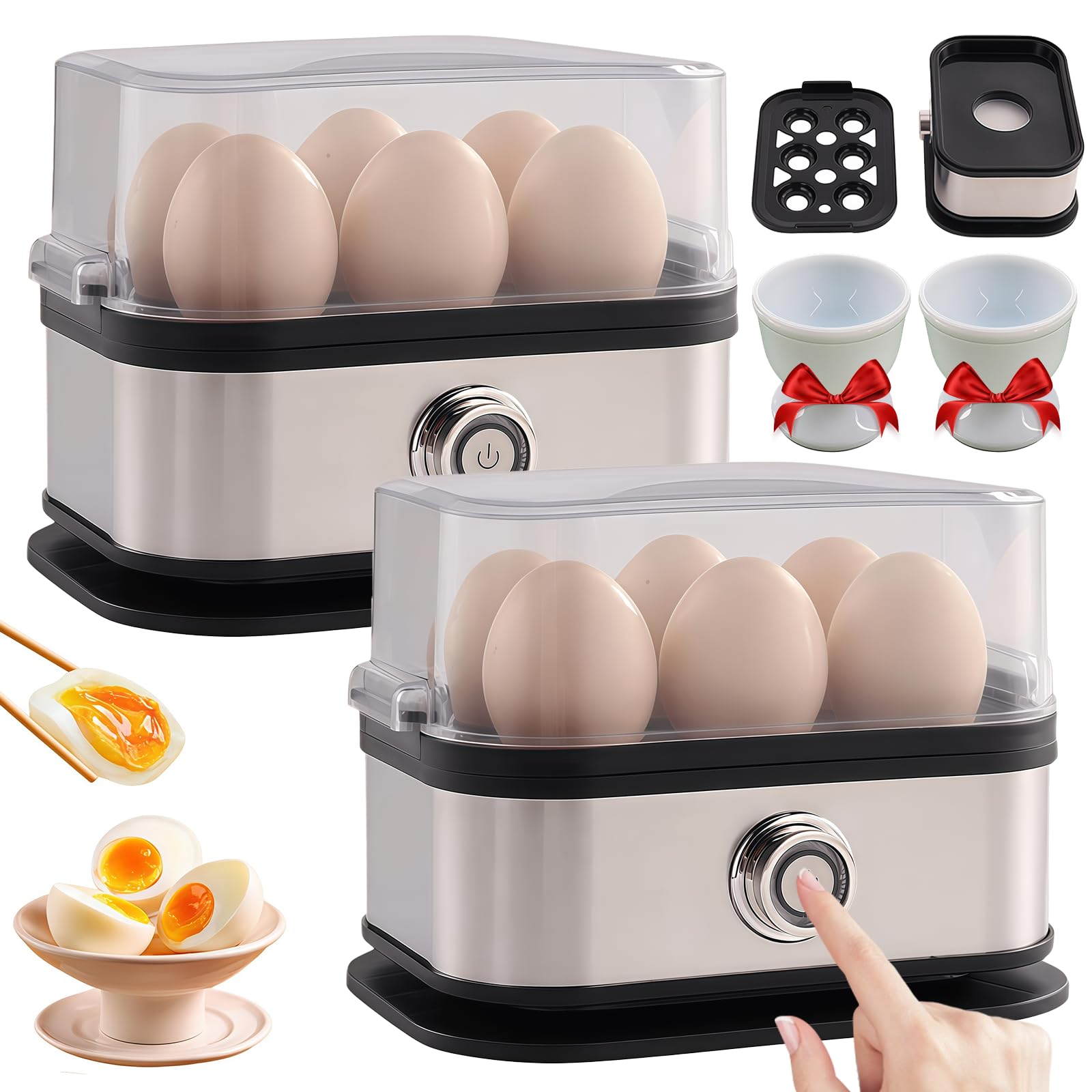 Multifunctional Egg Steamer with Clear Lid, Elektrischer Eierkocher mit Auto-Abschaltung, 6 Eier Kapazität, Multifunktional, für Weich-, Mittel- und Hartgekochte Eier (2pcs)