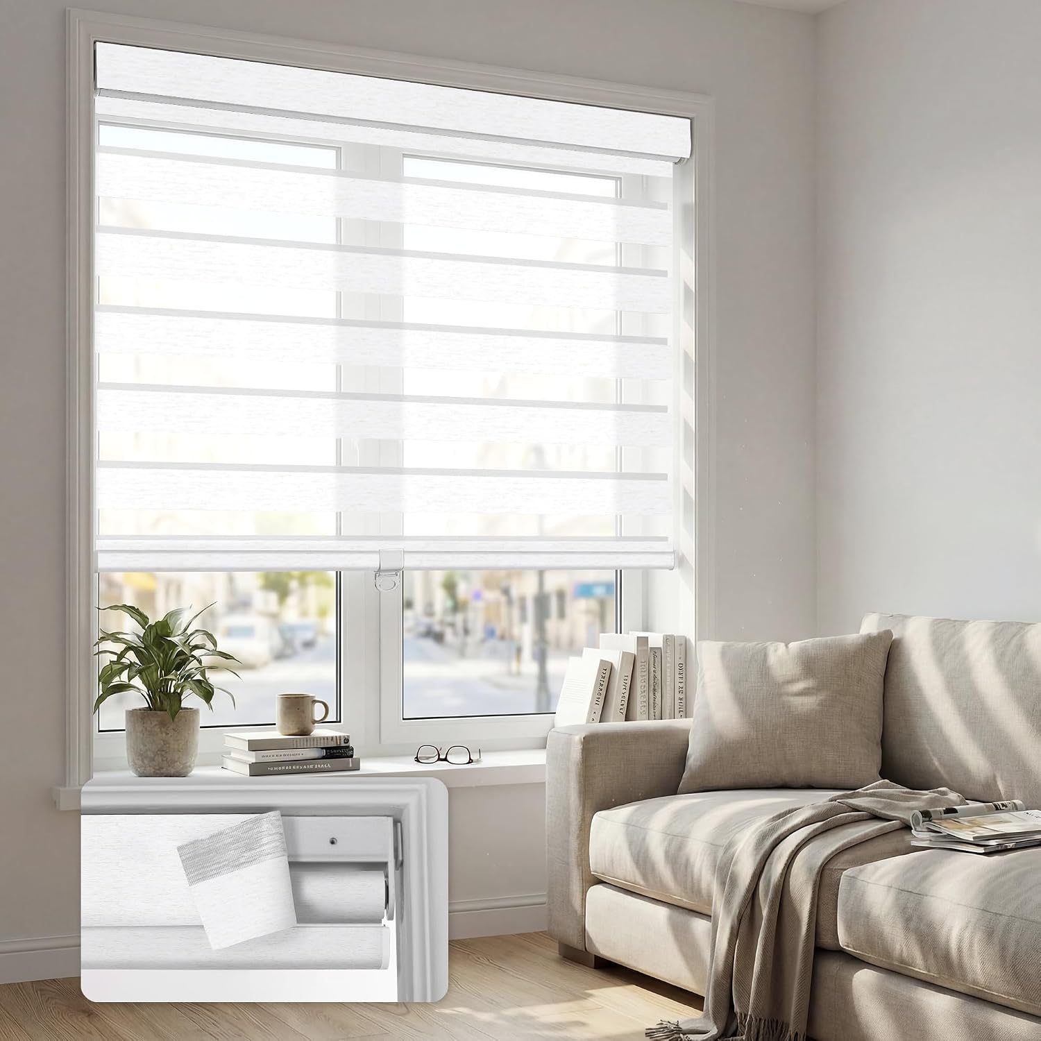 No Drill Zebra Blinds for Windows, Day and Night Roller Shades, 34"W x 72"H