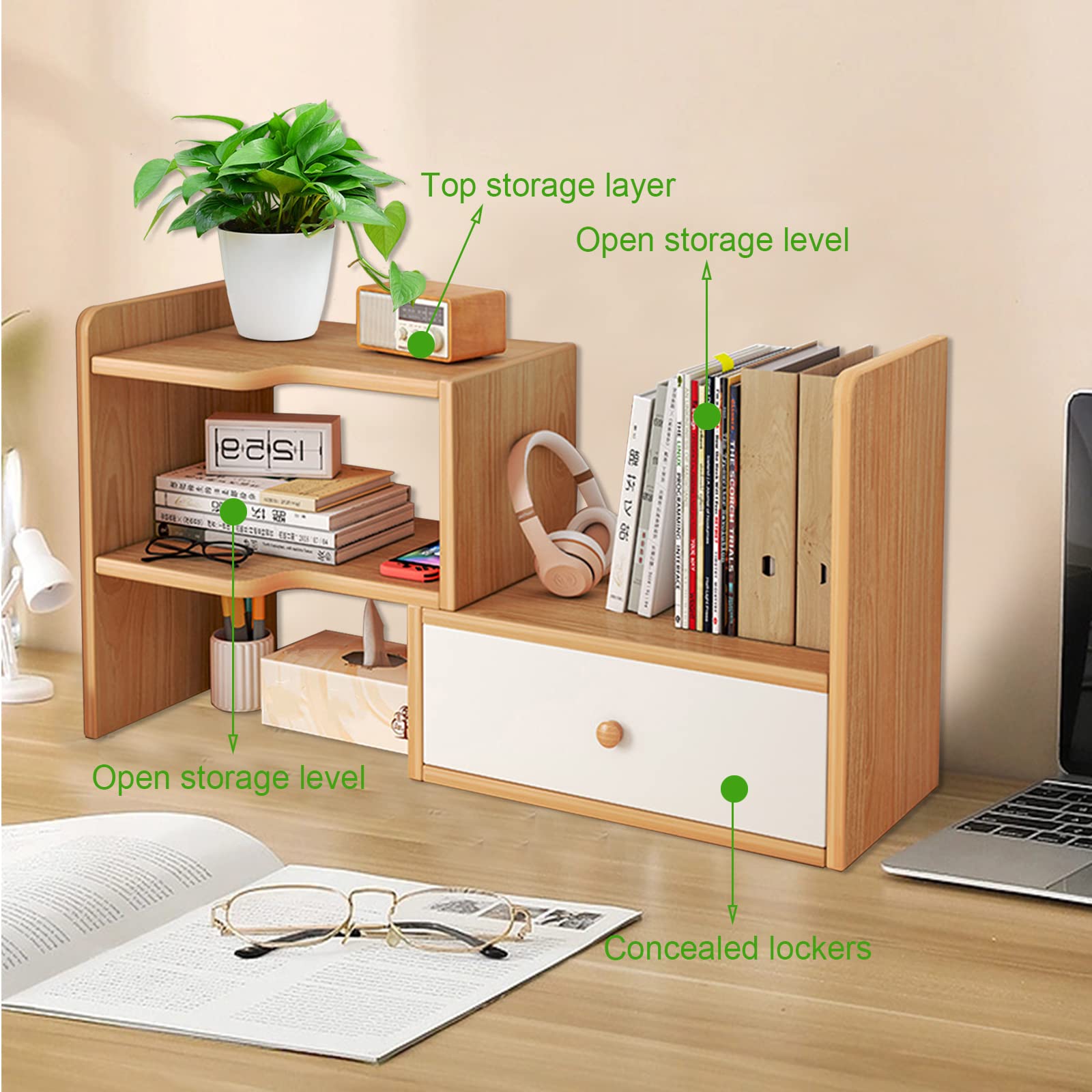 Undres Bücherregal, Desk Organizer, Schreibtisch Regal, Desktop-Bücherregal aus Holz, Hergestellt aus Hochwertiger MDF-Platte, für Schlafzimmer, Büro, Arbeitszimmer (Holzfarbe, Mit Schublade)