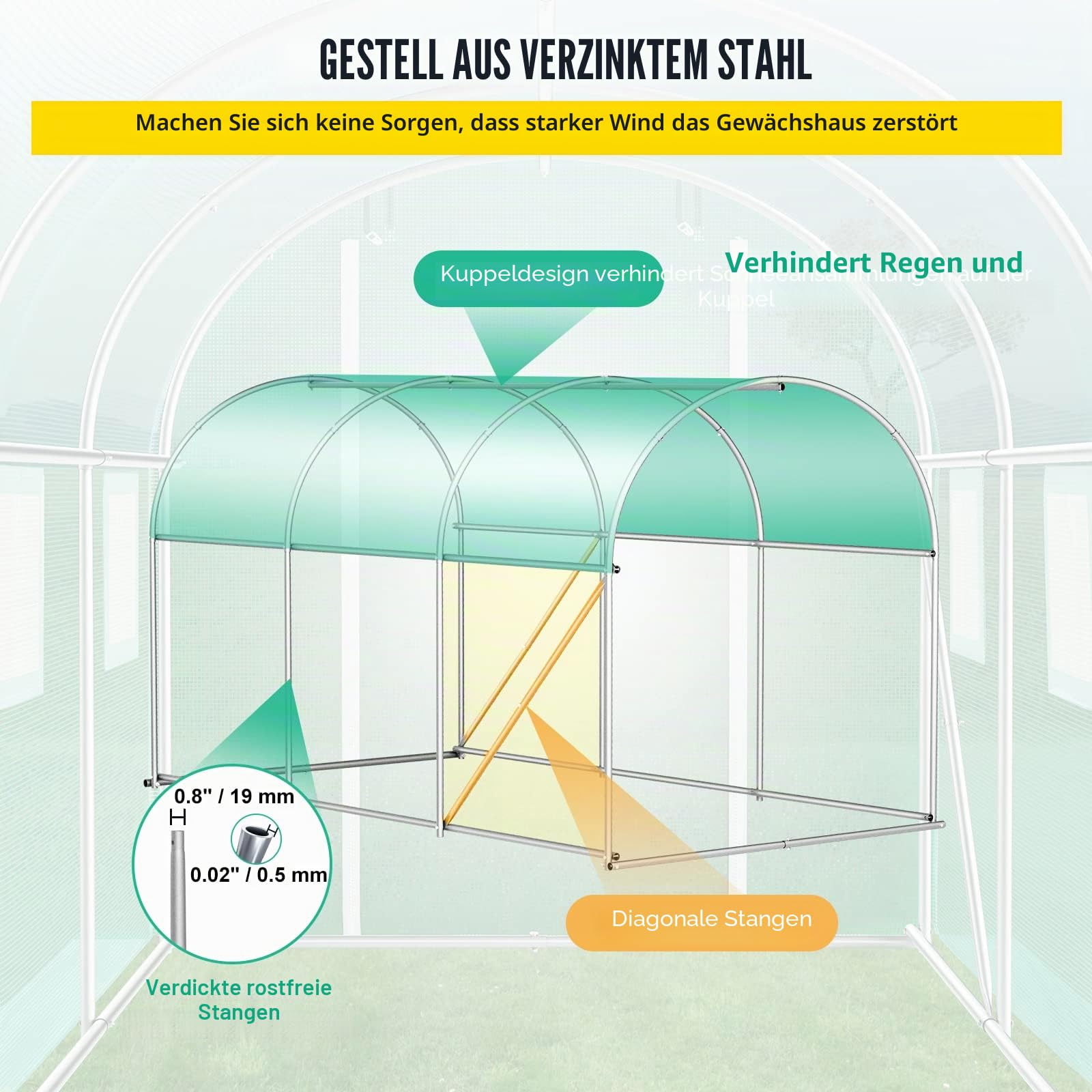 VEVOR Begehbares Tunnel-Gewächshaus, 3 x 2,1 x 2,1 m, tragbares Pflanzen-Heißhaus mit verzinkten Stahlrahmen, 1 Oberbalken, diagonale Stangen, Reißverschlusstür und 6 aufrollbaren Fenstern, grün