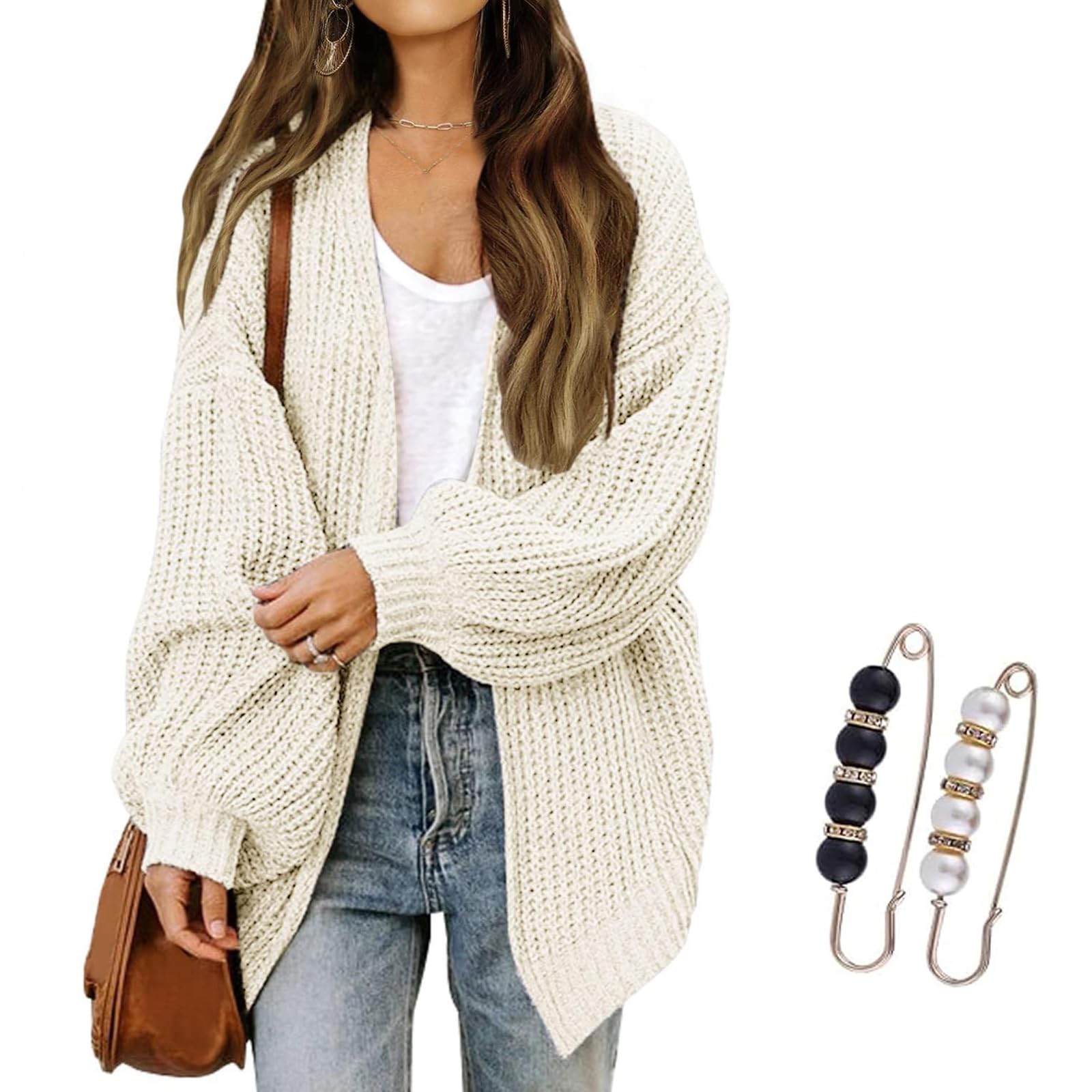 Nbzsmlkn Womens Cardigan Sweaters,Womens Oversized Cardigans Long Lantern Sleeve Chunky Knit Loose Fall Sweater Coats,Casual Open Front Outwear Knitwear Coat (Beige,M)