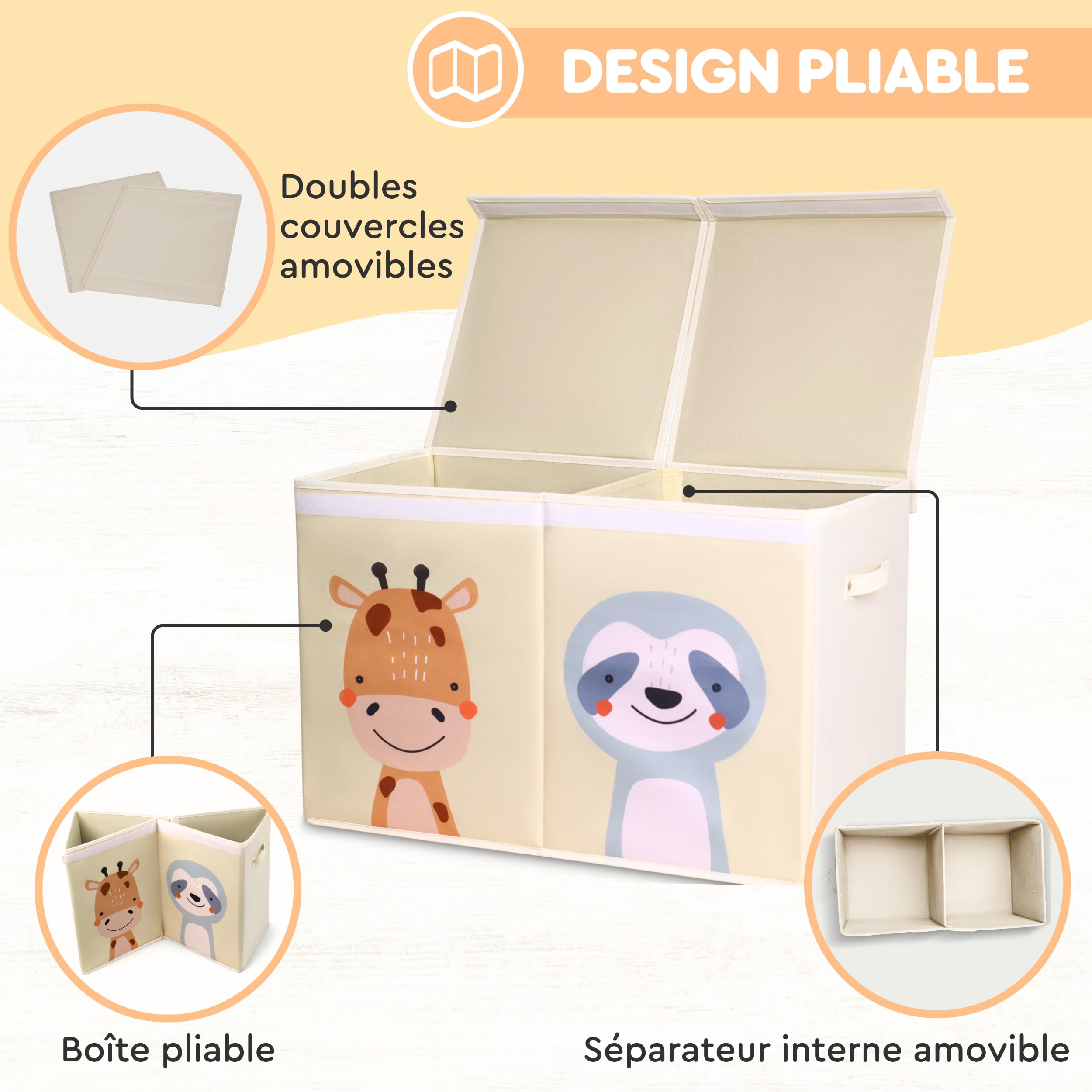 Boîte de Rangement pour Jouets pour Enfant Pliable Beige, 78 Litres et Double Couvercle. Coffre de Rangement Enfant en Tissu Oxford. Grand Coffre, Bac ou Caisse. Ne Convient pas pour S’asseoir