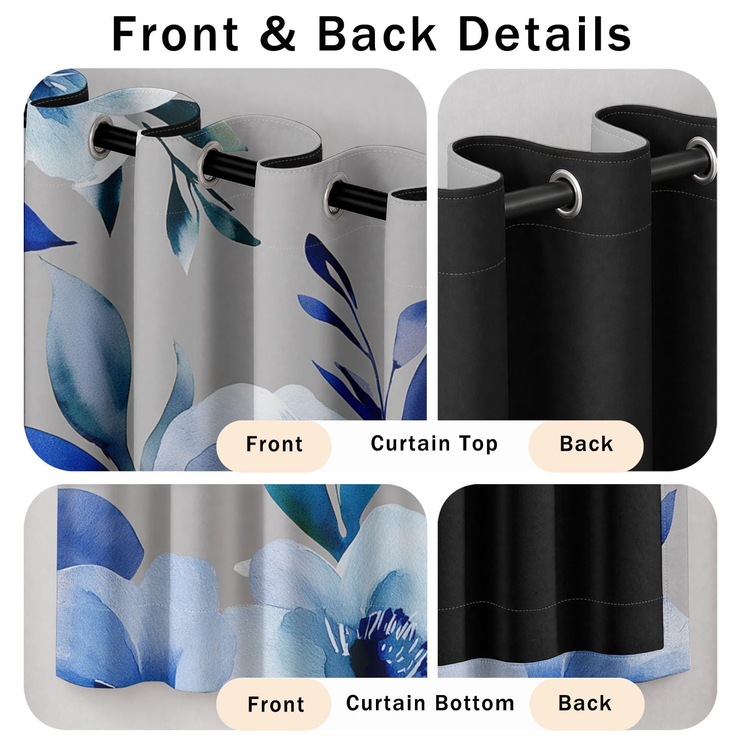 Générique Rideaux Occultants Continu Botanique Frais Moderne Grafisch 135 x 190 CM | Anti Froid et Chaleur - Lot de 2 Rideaux Style Tendance Bleu Blanc Fleurs Aquarelle Convient aux Adultes