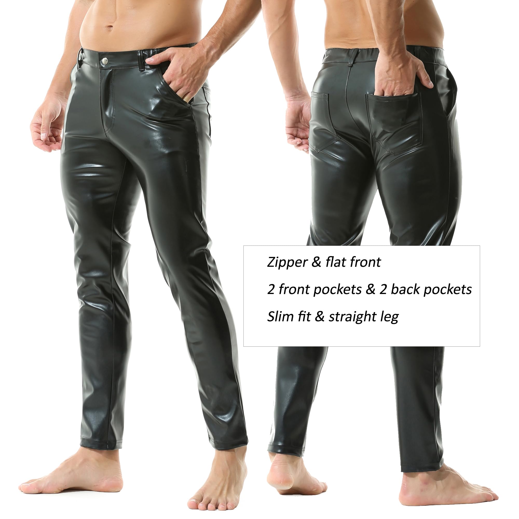 YUFEIDA Pantaloni da uomo in pelle classica effetto bagnato solido pantaloni in pelle PU tasche con cerniera slim fit pantaloni a matita caldi pantaloni legging per moto, cosplay, danza, palcoscenico