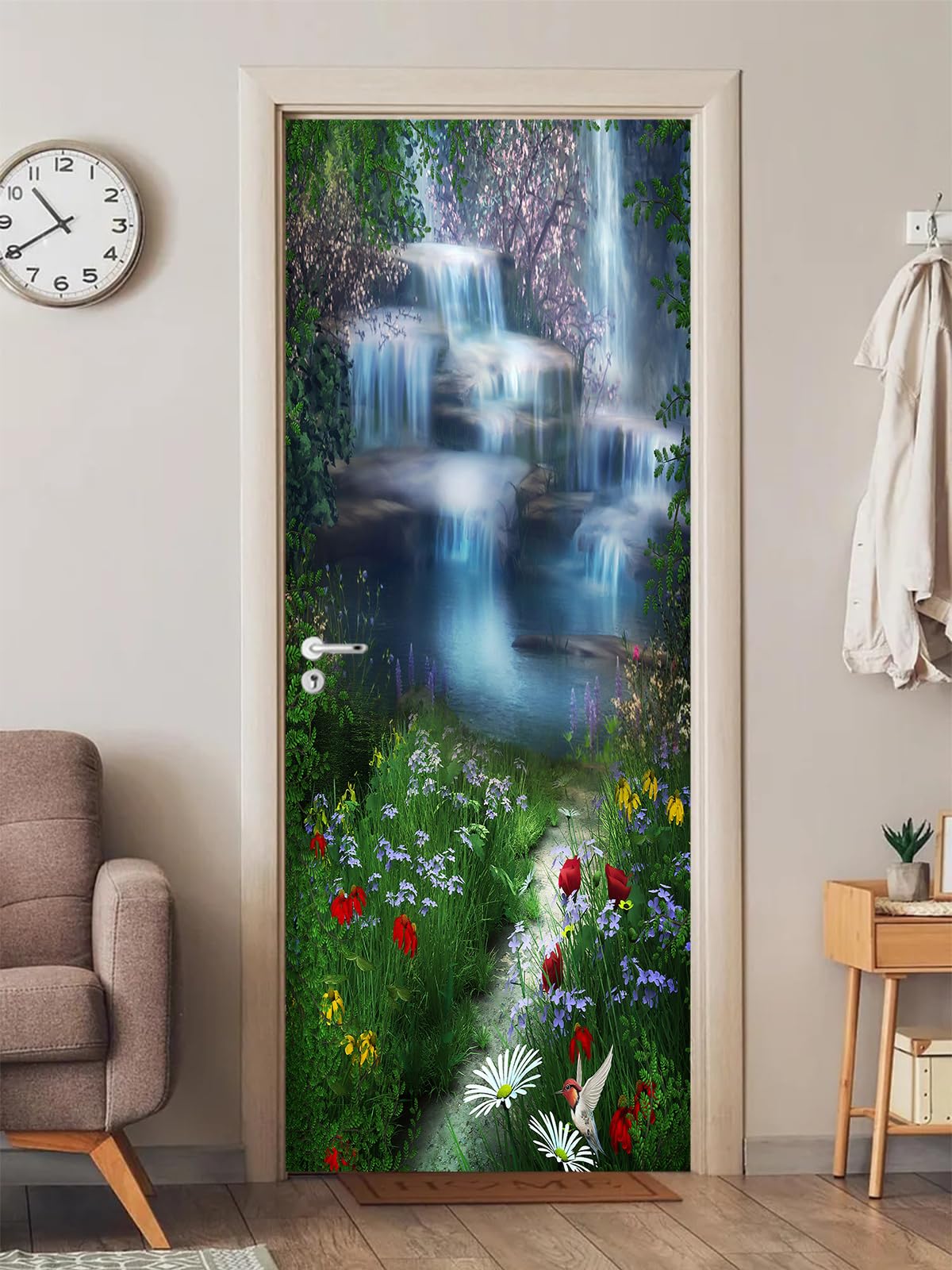 FLFK 3D Fantasy Waterfall Flowers Door Murals Peel and Stick 77x200cm,Self-Adhesive Door Wallpaper Poster Stickers Wall Decals for Home Decor(2Pcs/Set)