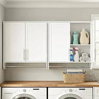 Furnaza 60" White Shaker Wall Cabinets with Hanging Rod & Adjustable Shelves - Laundry Room, Bathroom, Kitchen Storage (2-Pack)