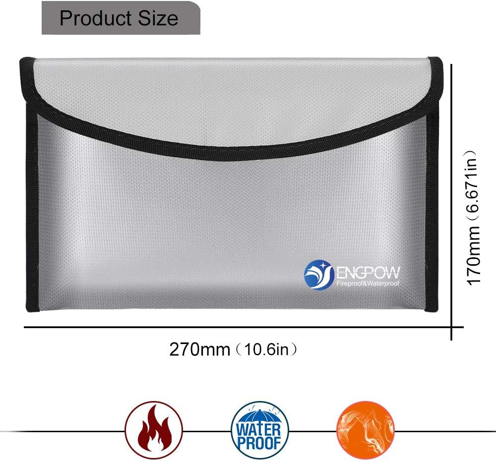 ENGPOW Small Fireproof Document Bag, 10.2"x5.9" Water-Resistant and Fireproof Money Bag, Fireproof Safe Bag for A5 File, Cash, Passport, Jewelry (Silver)