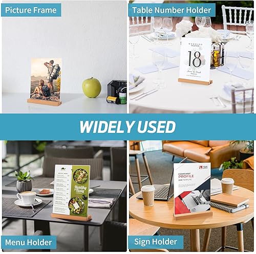 Miniatura 7 de Smarpau Soporte acrílico de 4 x 6 pulgadas con base de madera, paquete de 3 soportes 2 en 1 en forma de L/T 2 en 1, soporte de letrero de mesa