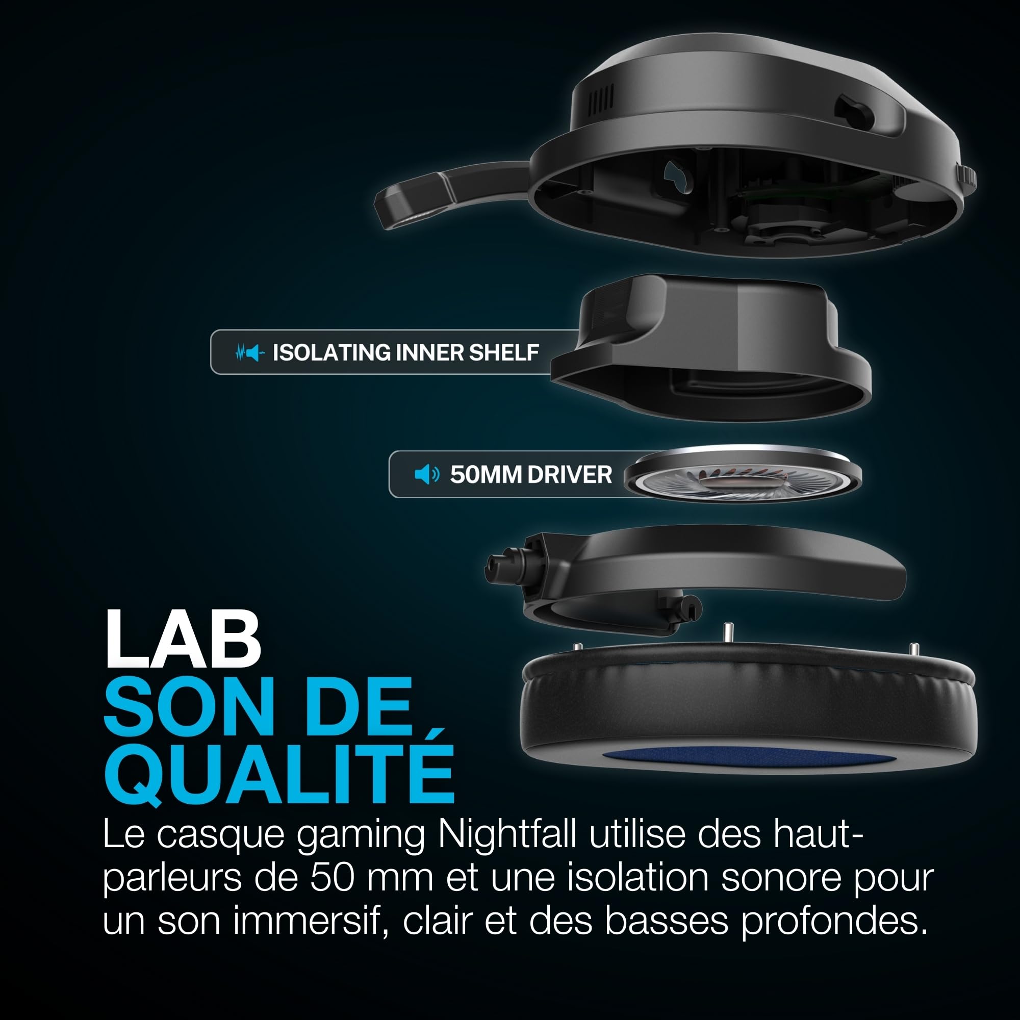 JLab Nightfall Casque de Jeu sans Fil Over-Ear avec Microphone - Bluetooth | Casque Gaming pour PC/Playstation/Nintendo Switch, Haut-parleurs 50 mm, Coussinets Mousse Cloud, Isolation