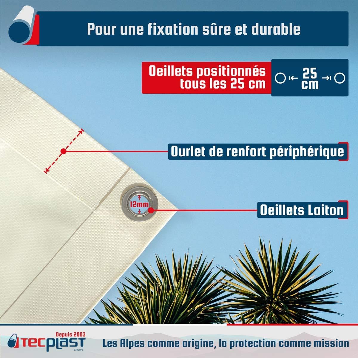 TECPLAST Toile Pergola Blanc Crème 3x4 m LP640PR - Garantie 8 Ans - Bâche Pergola ou Tonnelle étanche en PVC pour terrasse
