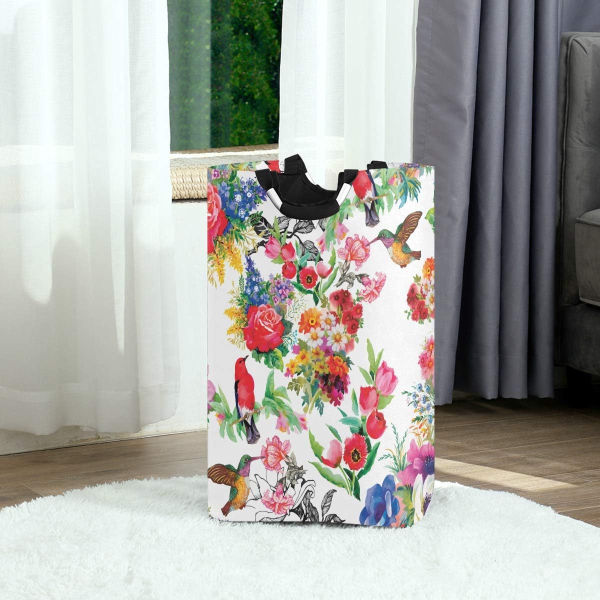 Mnsruu Watercolor Wild Exotic Birds On Flowers Pop-Up Laundry Hampers,Waterproof and Collapsible Laundry Basket with Handles for Baby Nursery College Dorms Kids Bedroom Bathroom¡ - Image 3