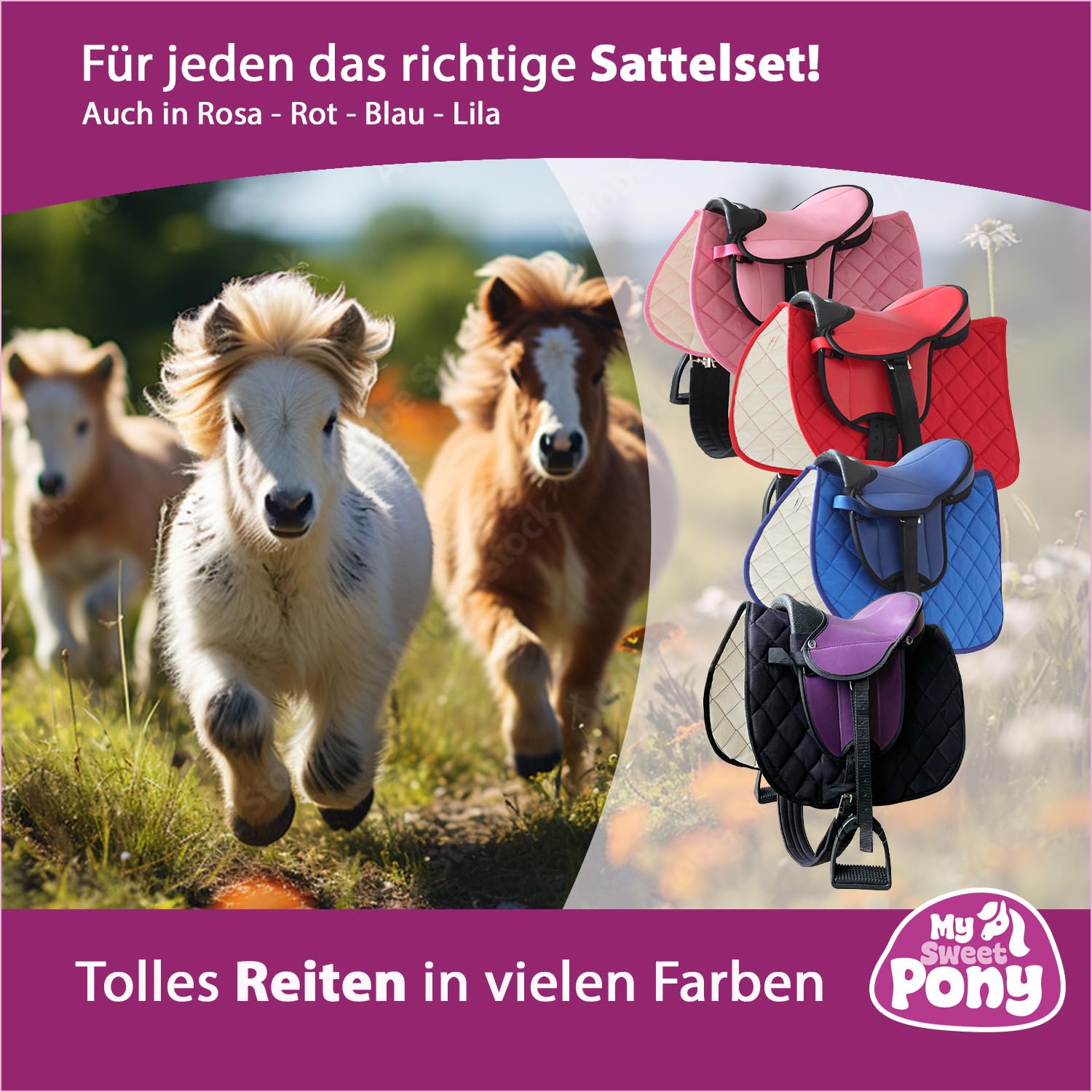 My Sweet Pony® Kinder Shettysattel-Set Pink Flower + Trense + Zügel | für Pony Shetty und Holzpferd | Alles enthalten | Komplett-Set | Ideal für erste Reitversuche