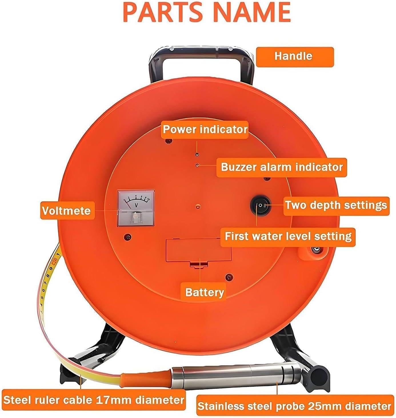 Portable Water Level Meter, Steel Ruler Electric Water Level Gauge, with Fixed Probe & Durable Steel Tape, for Wells, Boreholes, Reservoirs & Pipes 50m