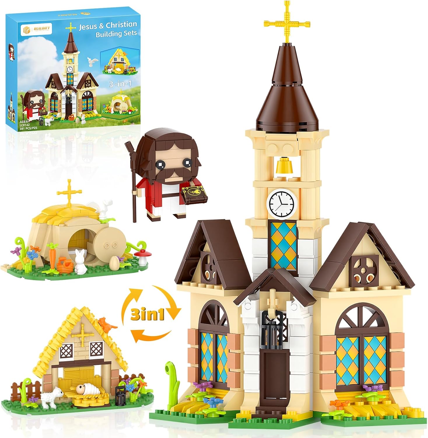 Nubee Jesus Christian Nativity 3-in-1 Building Blocks Set, Jesus Resurrection & Church Easter Decor, Religious Building Toy, Christian Gifts, Easter Basket Stuffers, for Kids Adults(381 PCS)