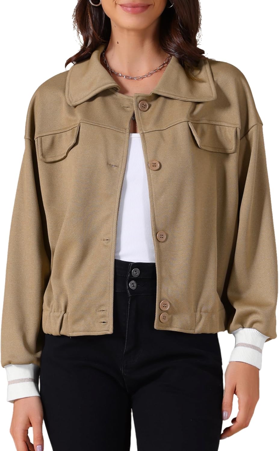 Allegra K Womens Bomber Jacket 2025 Fall Casual Long Sleeve Button Down Cropped Jackets