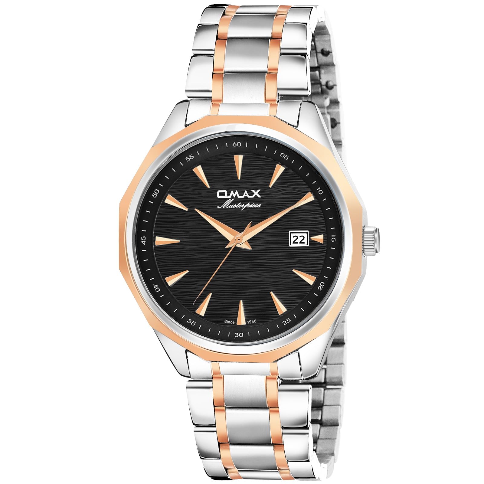 OMAX Black Dial Rose Gold and Silver Stainless Steel Strap Mens Watch with Date (B09M8QDHLJ) Amazon Price History, Amazon Price Tracker