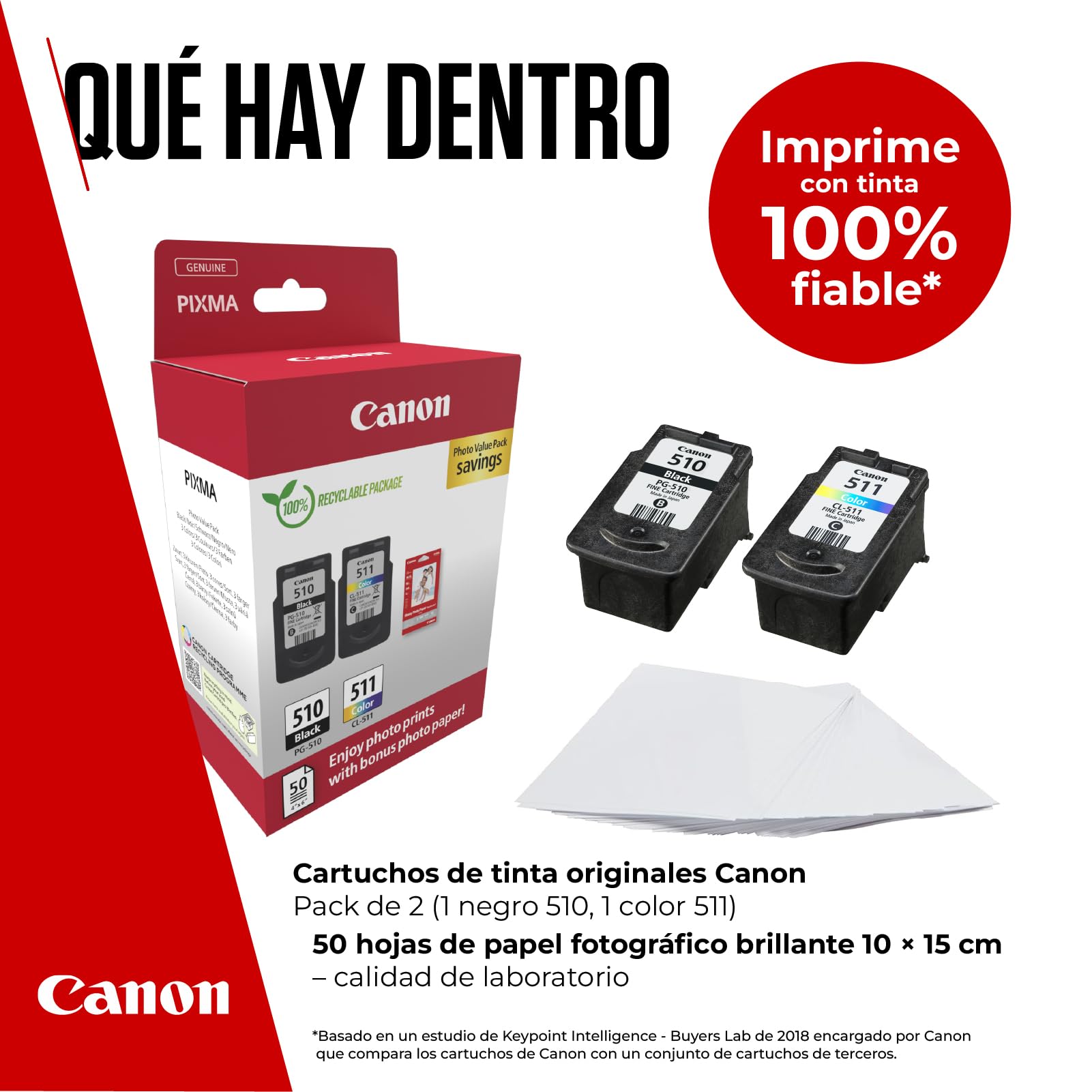 Canon PG-510 + CL-511, Cartuchos de Tinta Original, Cartucho de Tinta Independiente en Color Negro y Cartucho Multicolor, Incluye 50 Hojas Papel Fotográfico 4 x 6, Compatible con Impresoras PIXMA