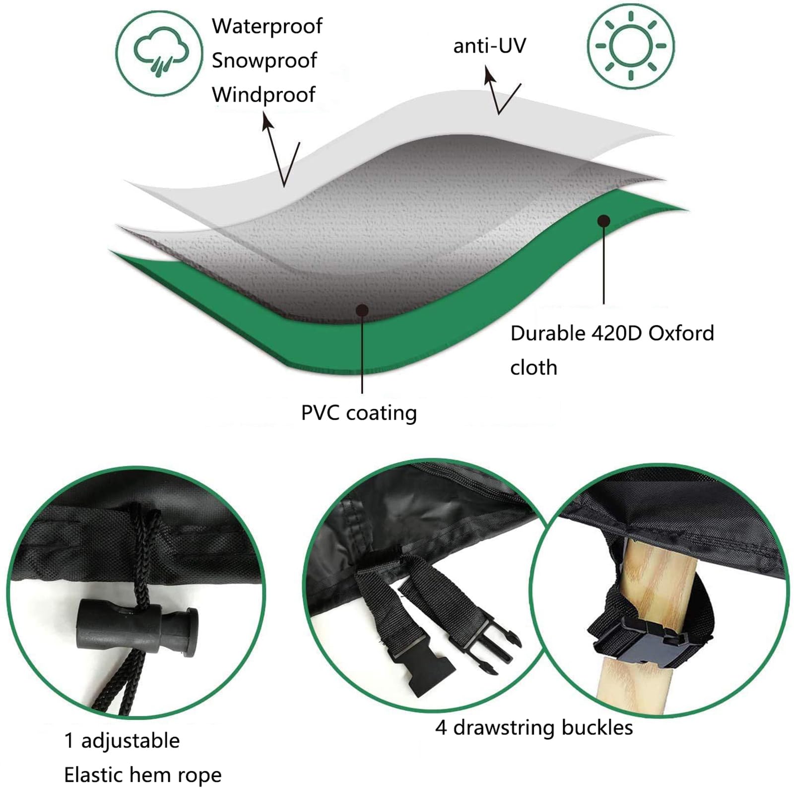 Funda impermeable para muebles de jardín, 260 x 200 x 80 cm, protección 600D, resistente a la lluvia, nieve, polvo, patio, rectangular, con hebillas resistentes al viento, para muebles de