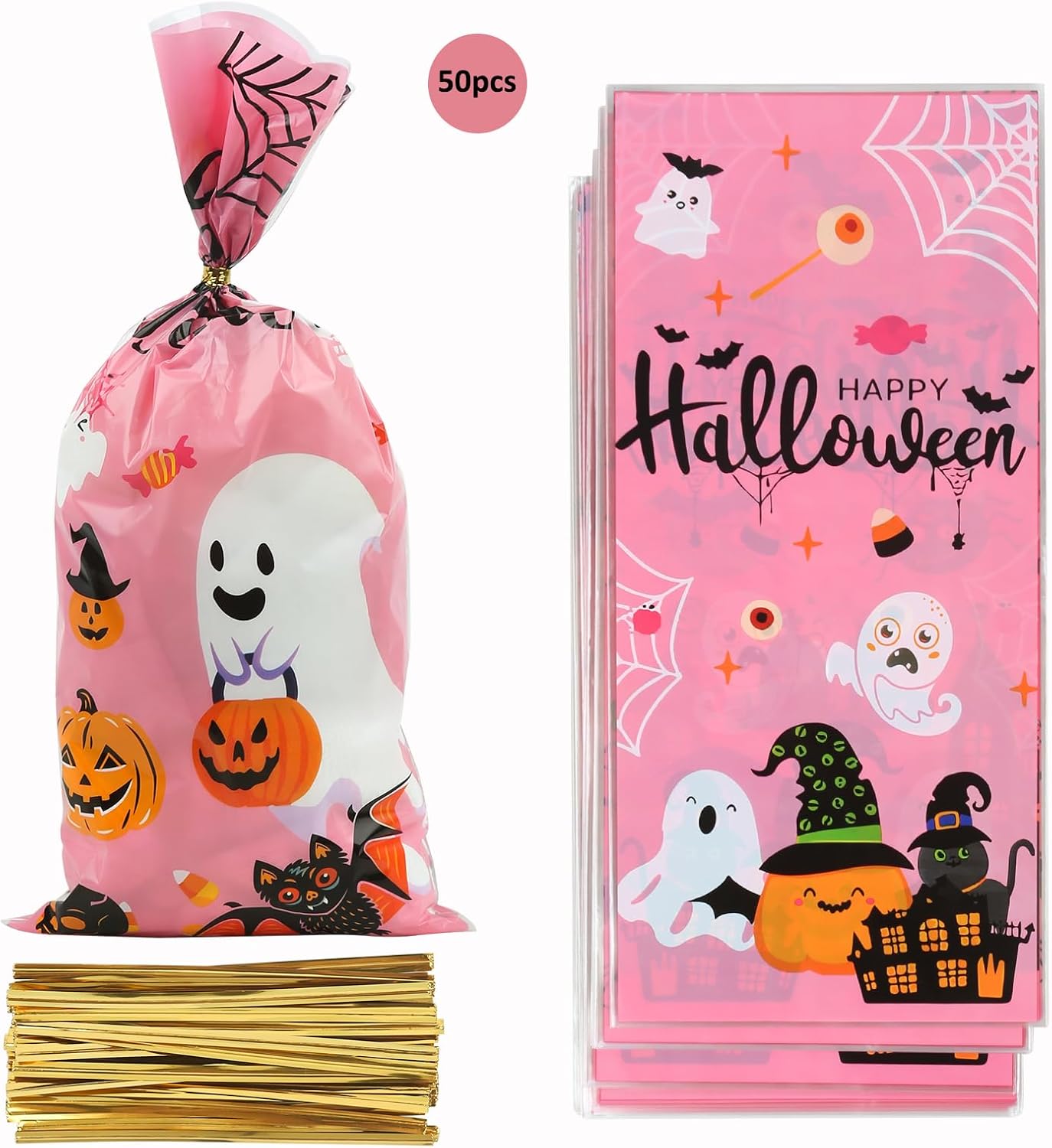Elevizzle Halloween Goodie Bags,50 PCS Halloween Candy Bags with Twist Ties,Clear Cellophane Treat Bags for Trick or Treat, Party Favors, Snacks, Cookies, Gift Baskets, and Holiday Decorations image 2