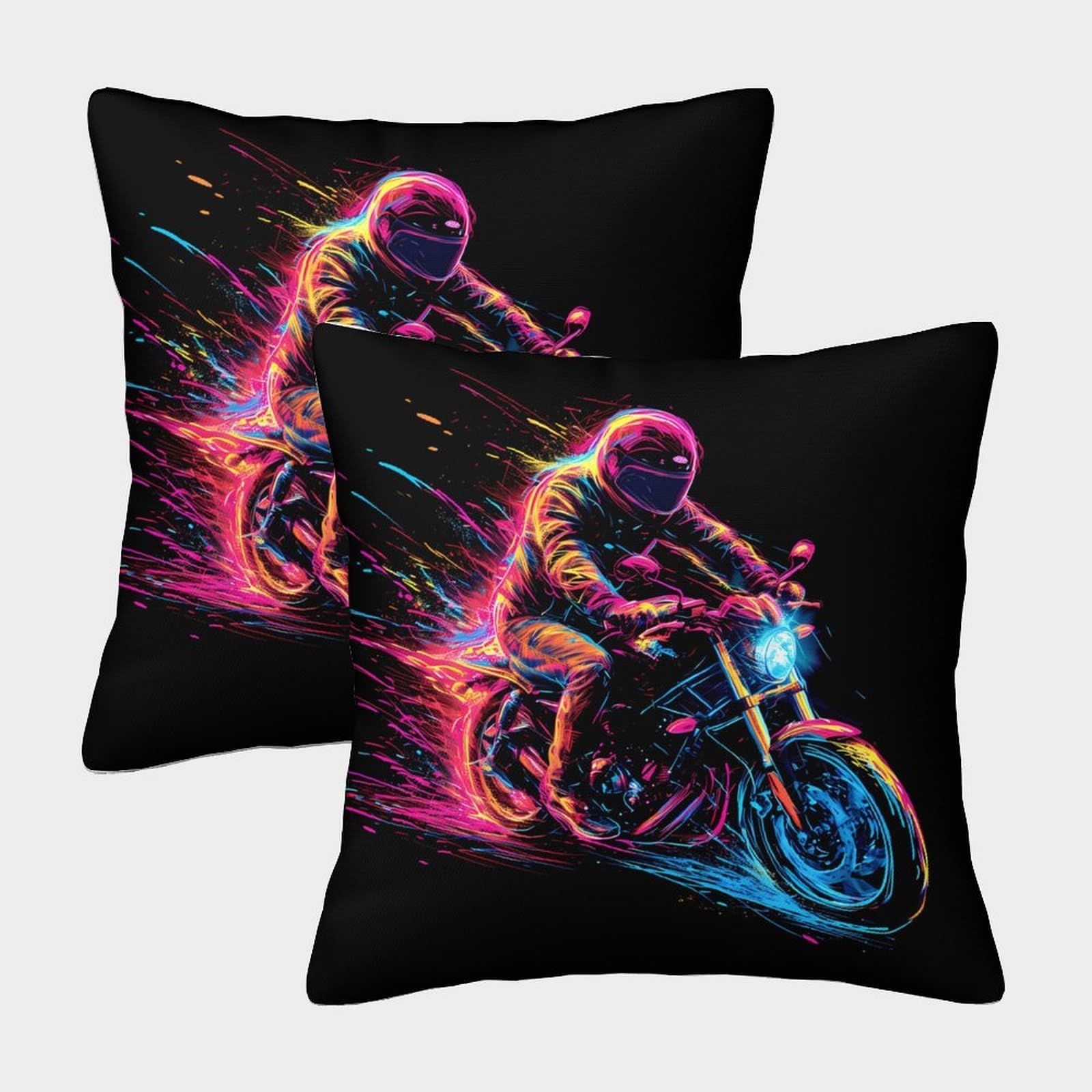 QFVANSIYO Dynamic Neon 3D Printed Motorcycle Pillowcase Microfiber Bedroom Decor Rider Pillow Cover Breathable for Adults Teens 40x40cm
