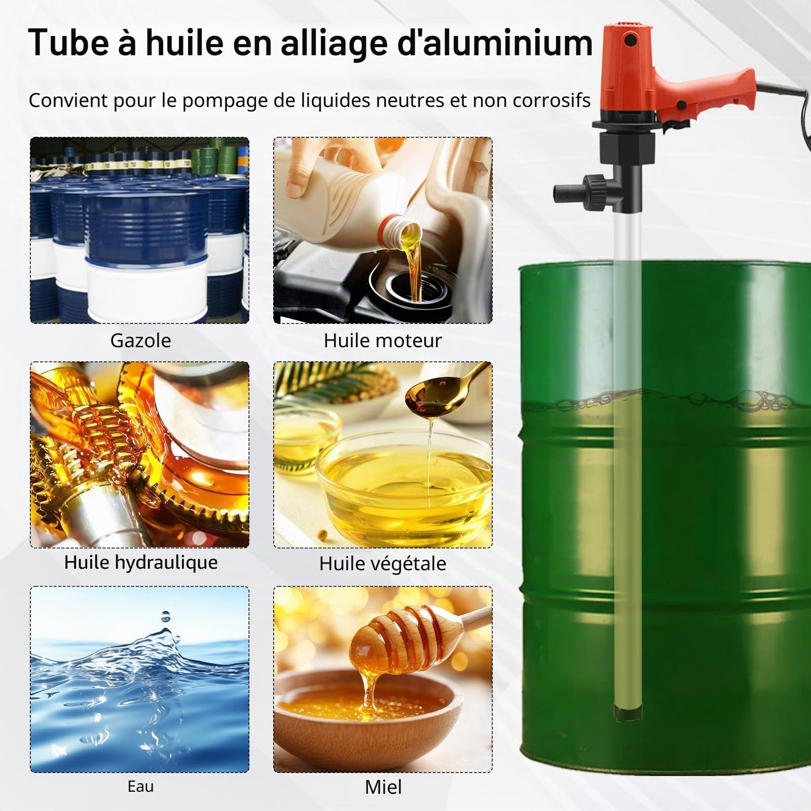Pompe électrique Pour Fûts, 880W Compatible Essence Diesel Et Eau Débit 70-95 L/Min Vitesse 5000-10000 Tr/Min équipée D'un Tube Aluminium 89cm Et D'un Flexible En Acier Pour Fûts Standard 200L Et 220L